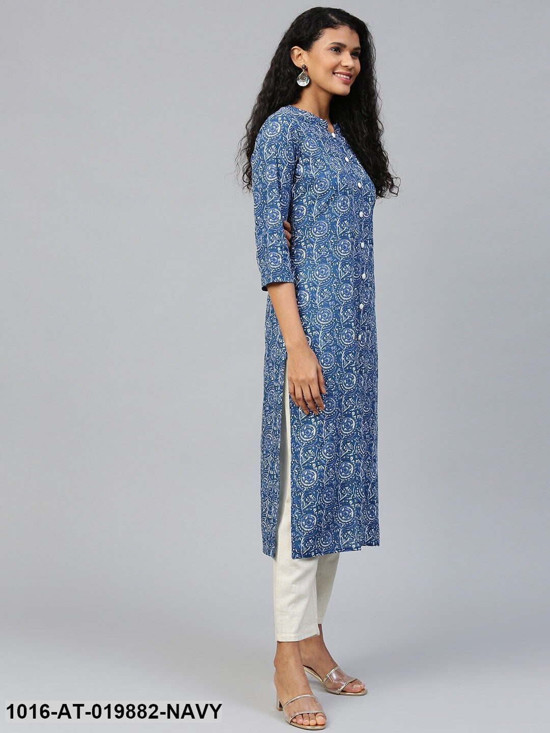 Navy Blue & Off-White Printed Straight Kurta