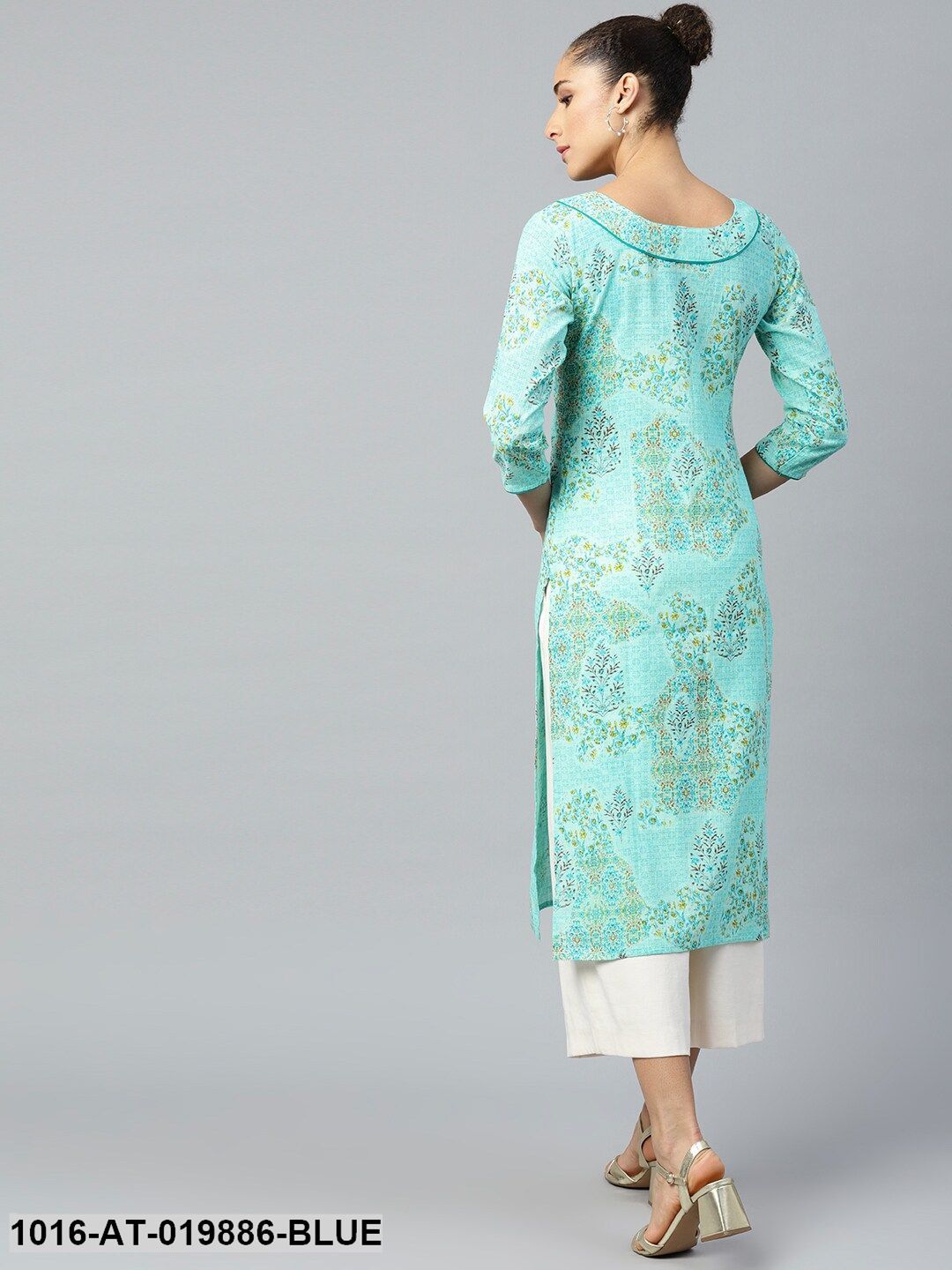 Blue & Mustard Yellow Floral Print Straight Kurta