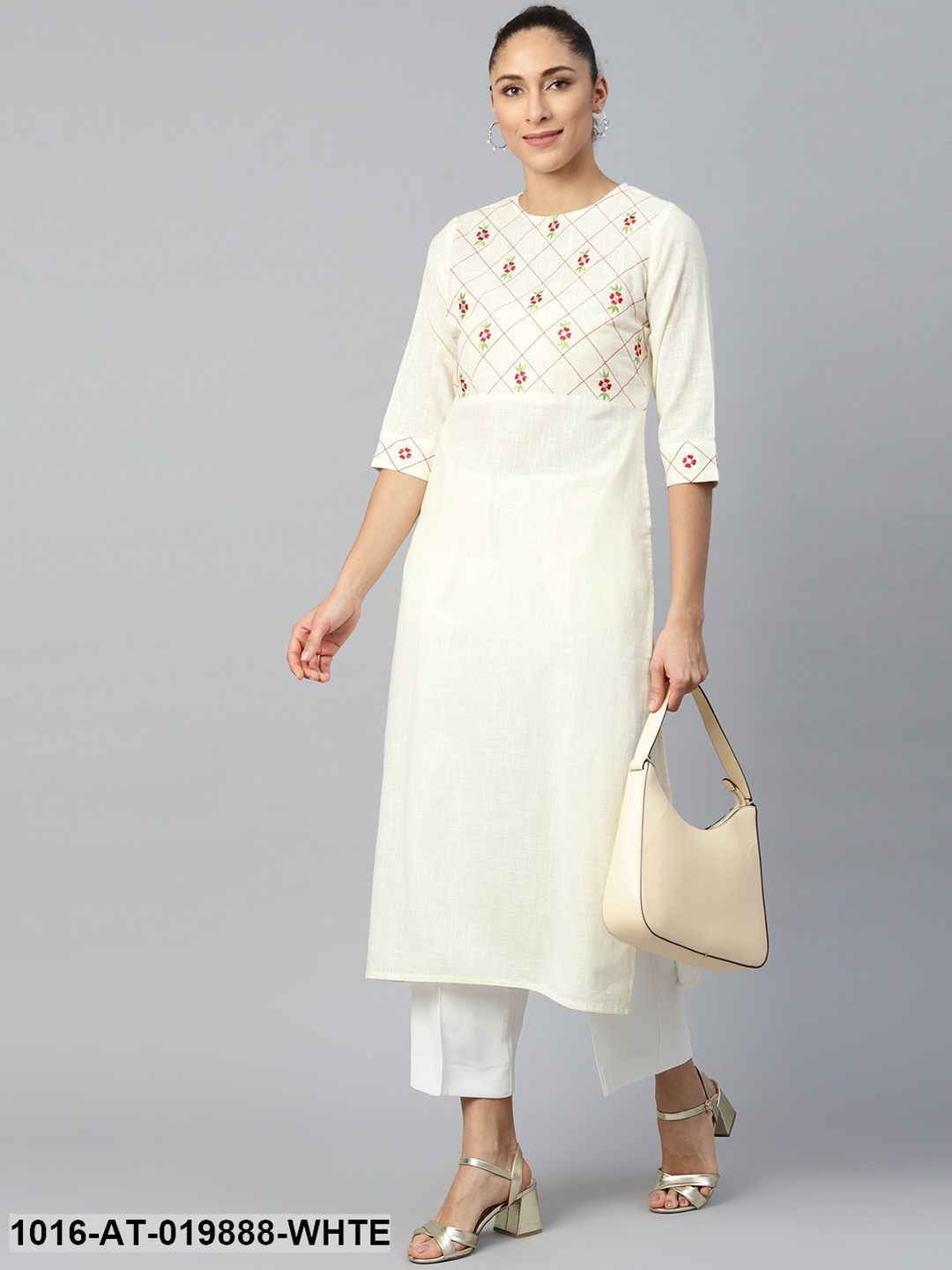 White & Red Floral Embroidered Straight Kurta