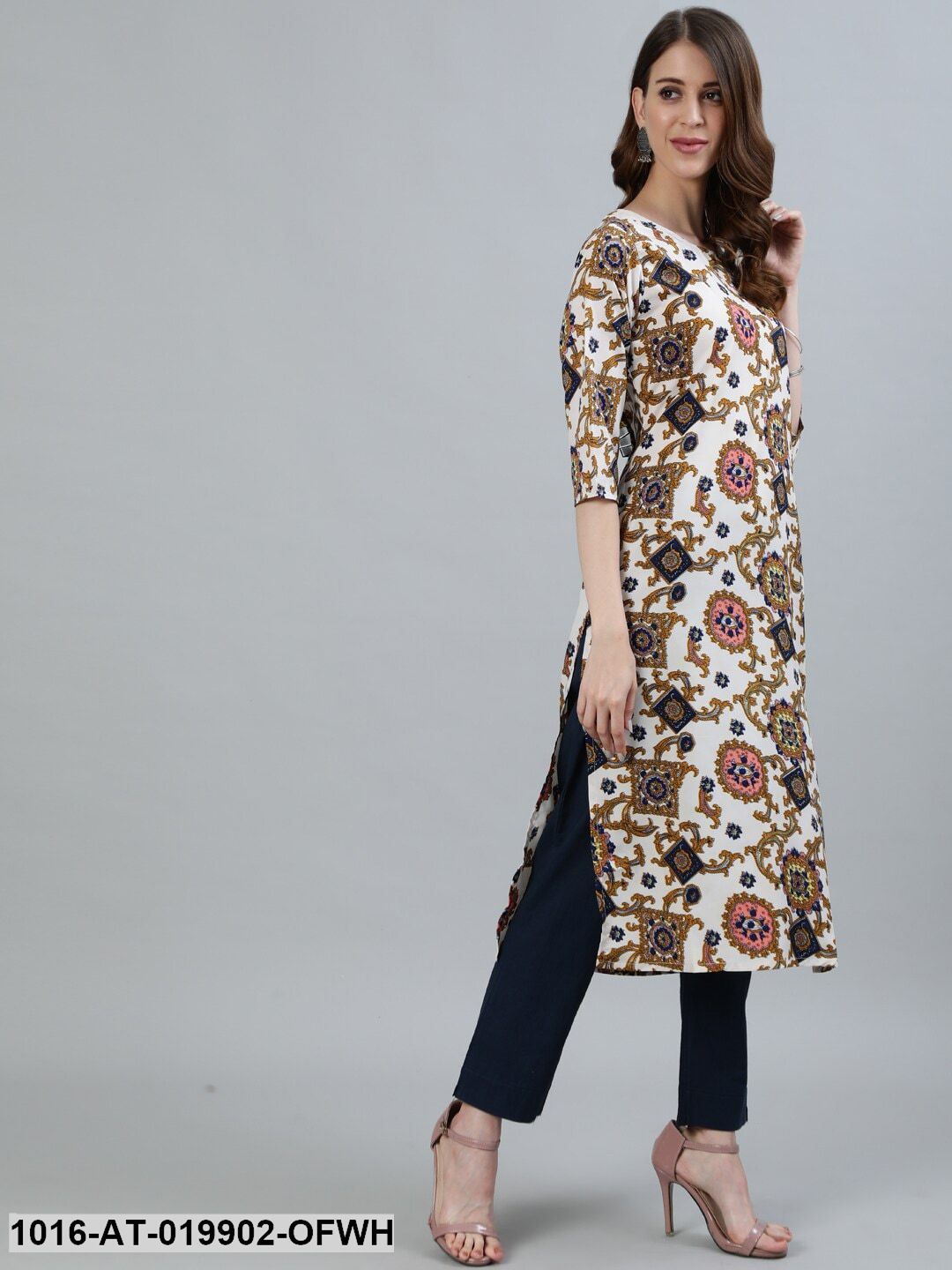 Off White Ethnic Motifs Printed Crepe Straight Kurta