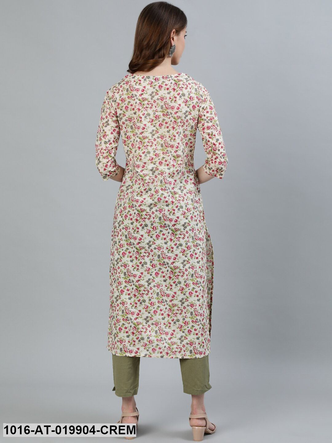 Cream Floral Printed Keyhole Neck NA Kurta