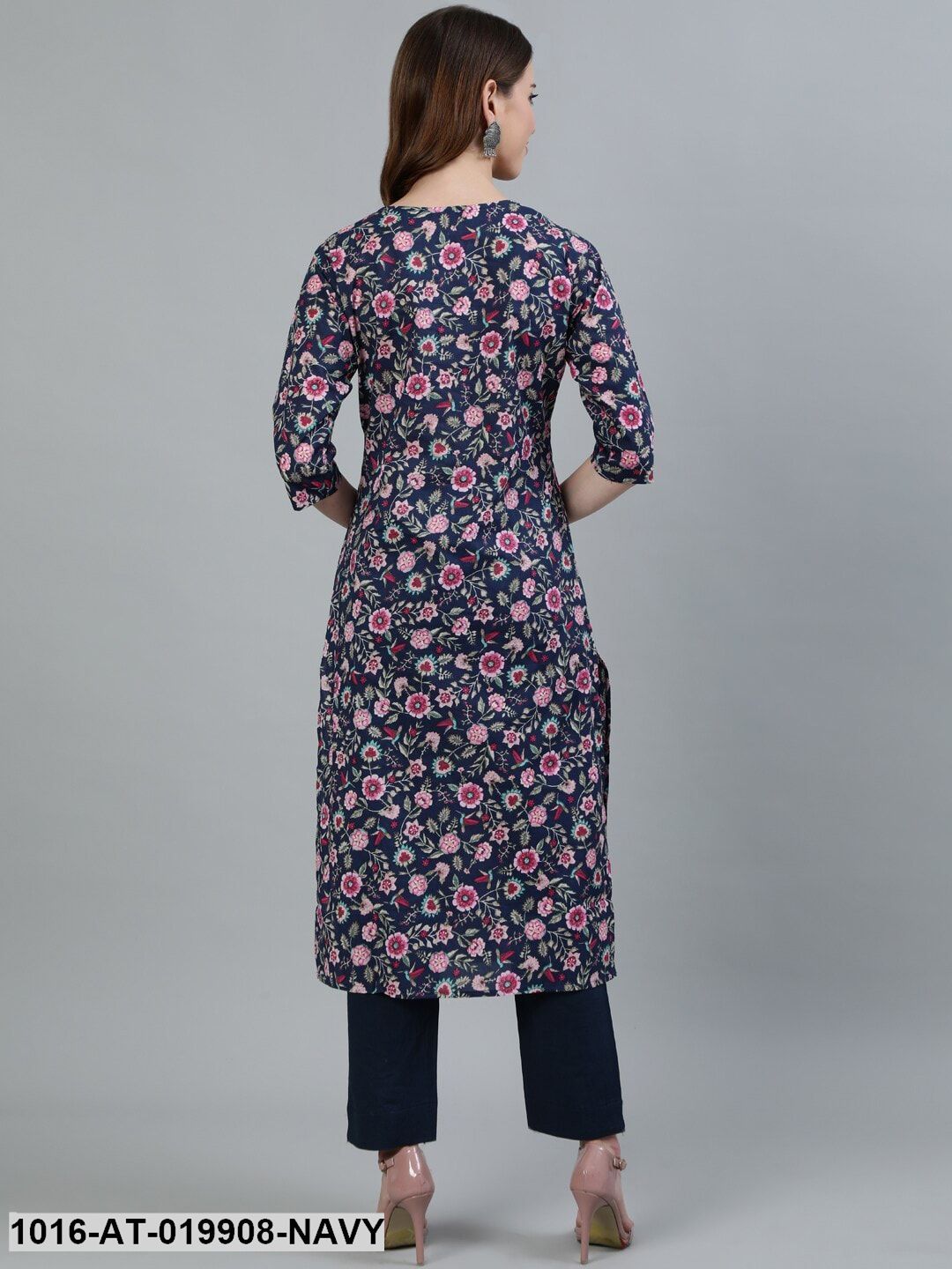 Navy Blue & Pink Floral Printed Floral Kurta