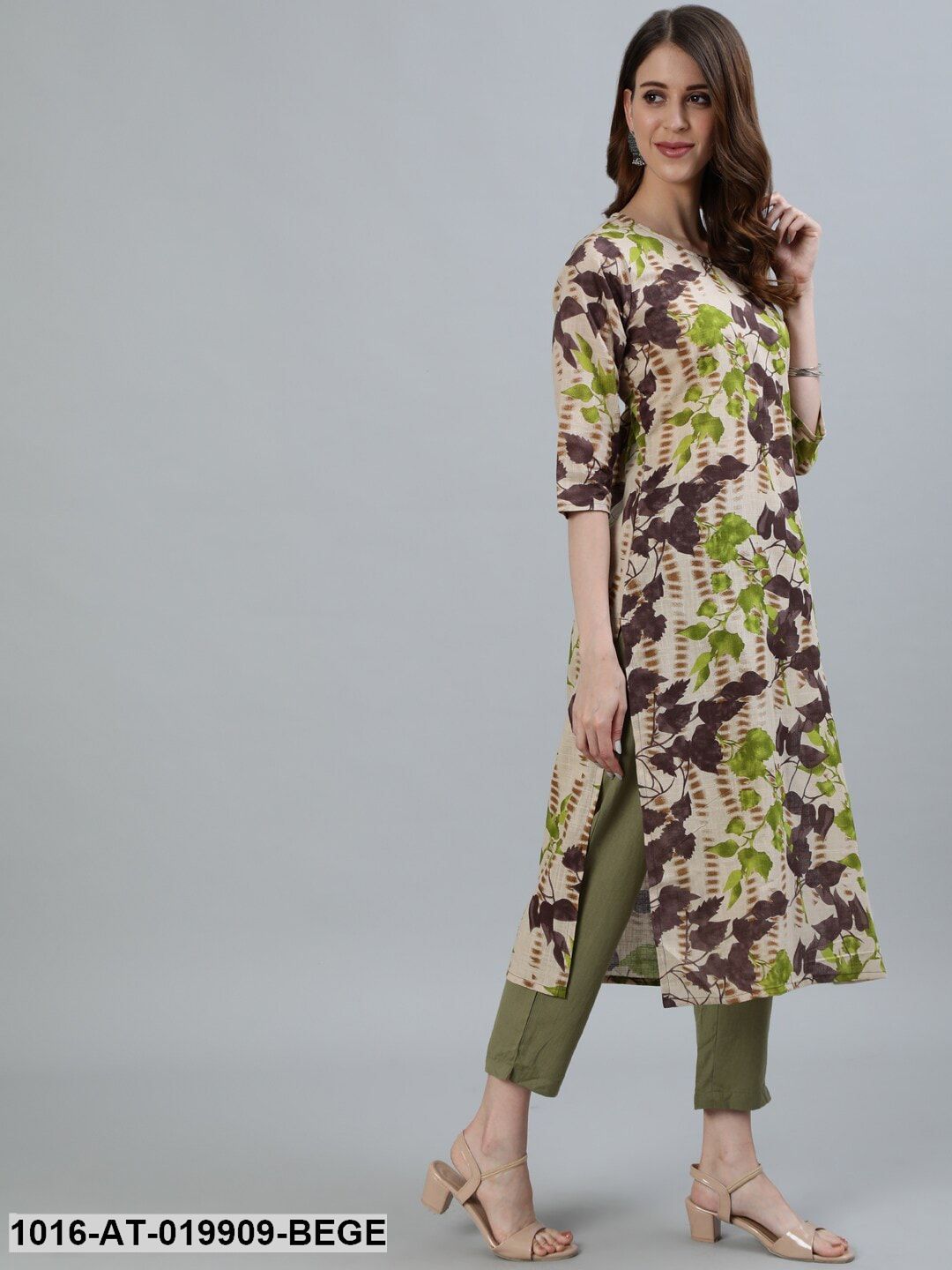 Beige Printed Keyhole Neck NA Pathani Kurta