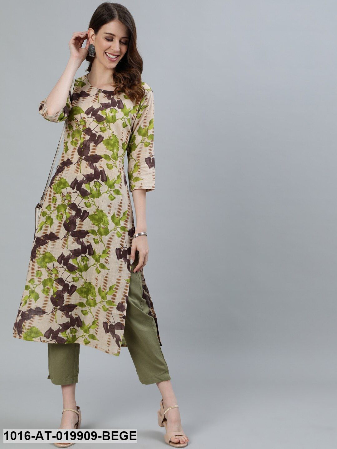 Beige Printed Keyhole Neck NA Pathani Kurta
