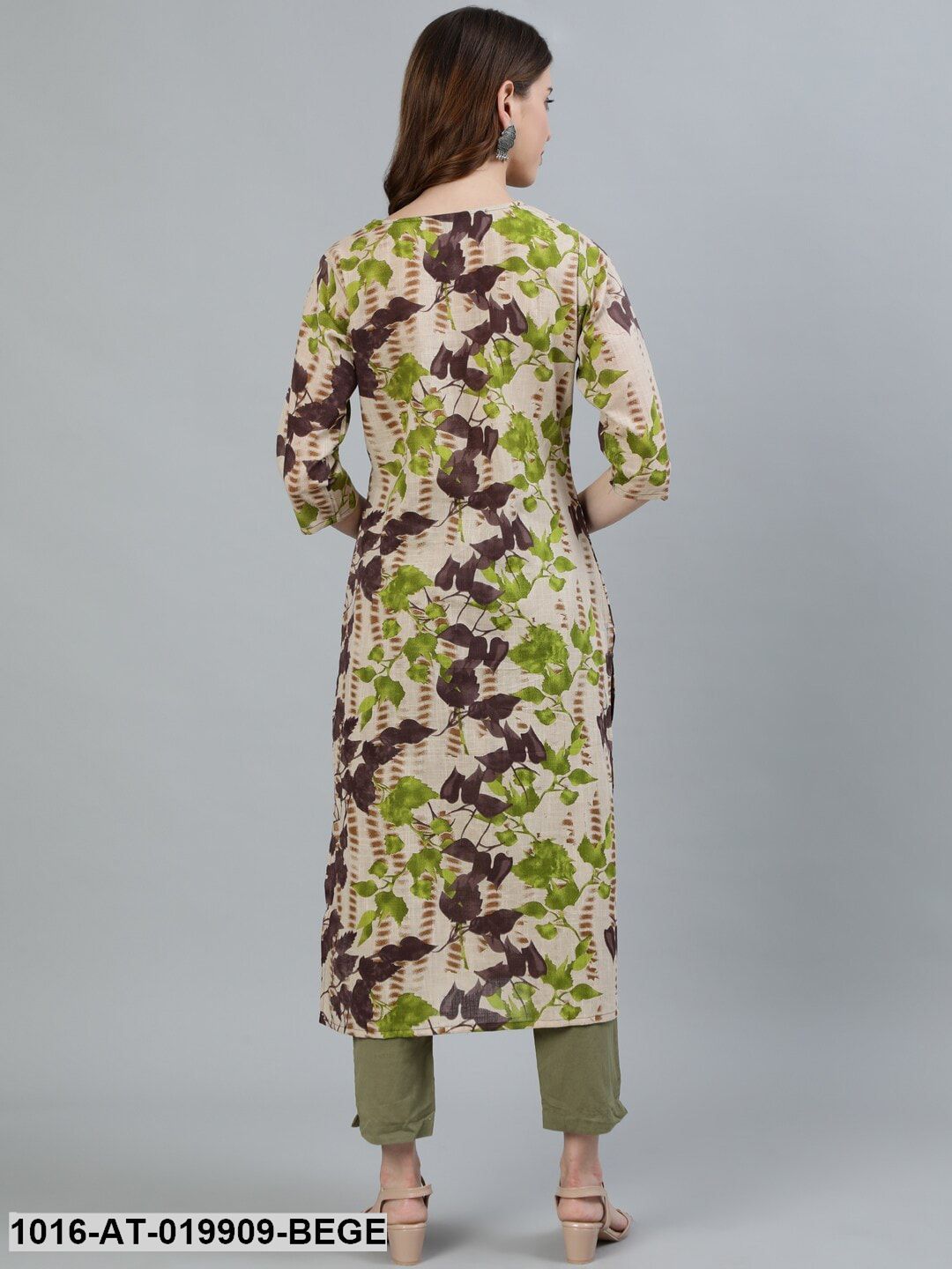 Beige Printed Keyhole Neck NA Pathani Kurta