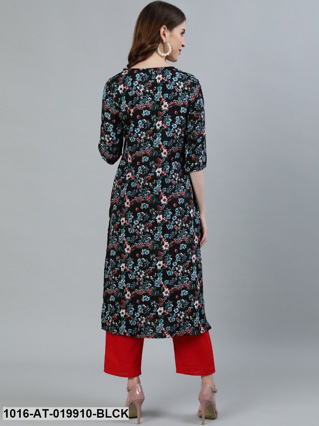 Black & Blue Floral Printed Floral Crepe Kurta