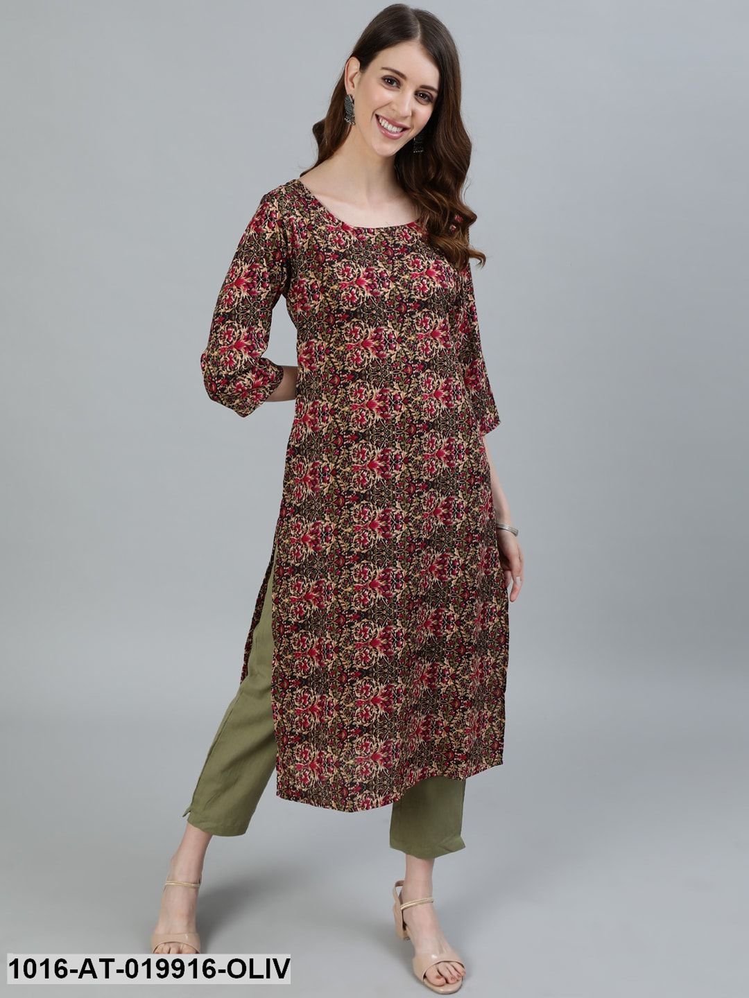 Olive Green & Maroon Printed Crepe Kurta
