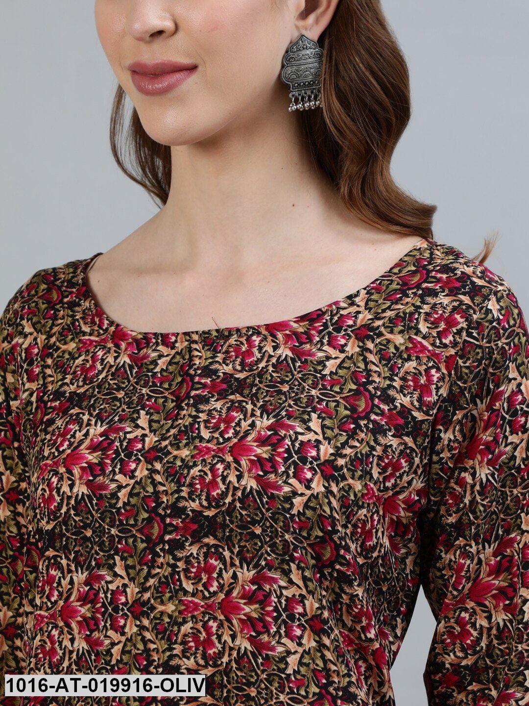 Olive Green & Maroon Printed Crepe Kurta