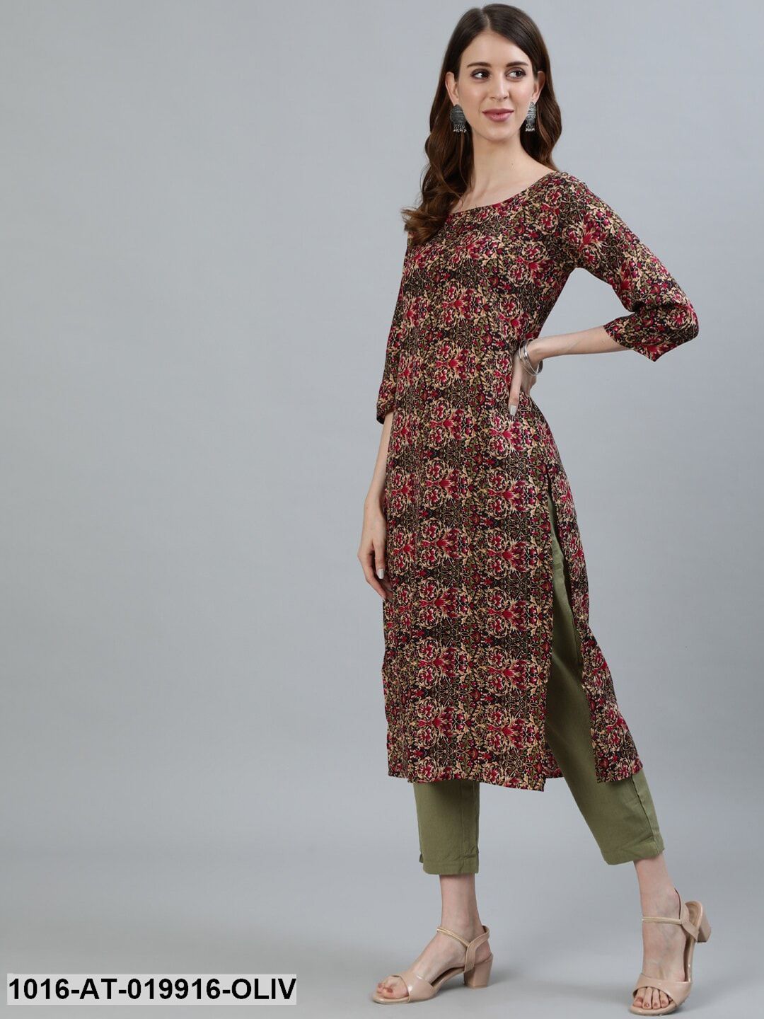 Olive Green & Maroon Printed Crepe Kurta