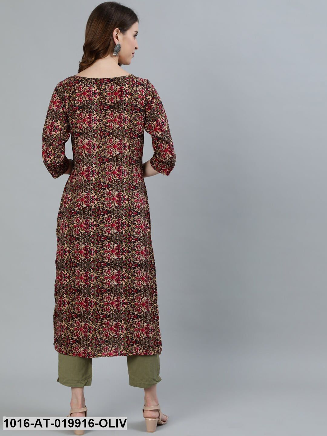 Olive Green & Maroon Printed Crepe Kurta