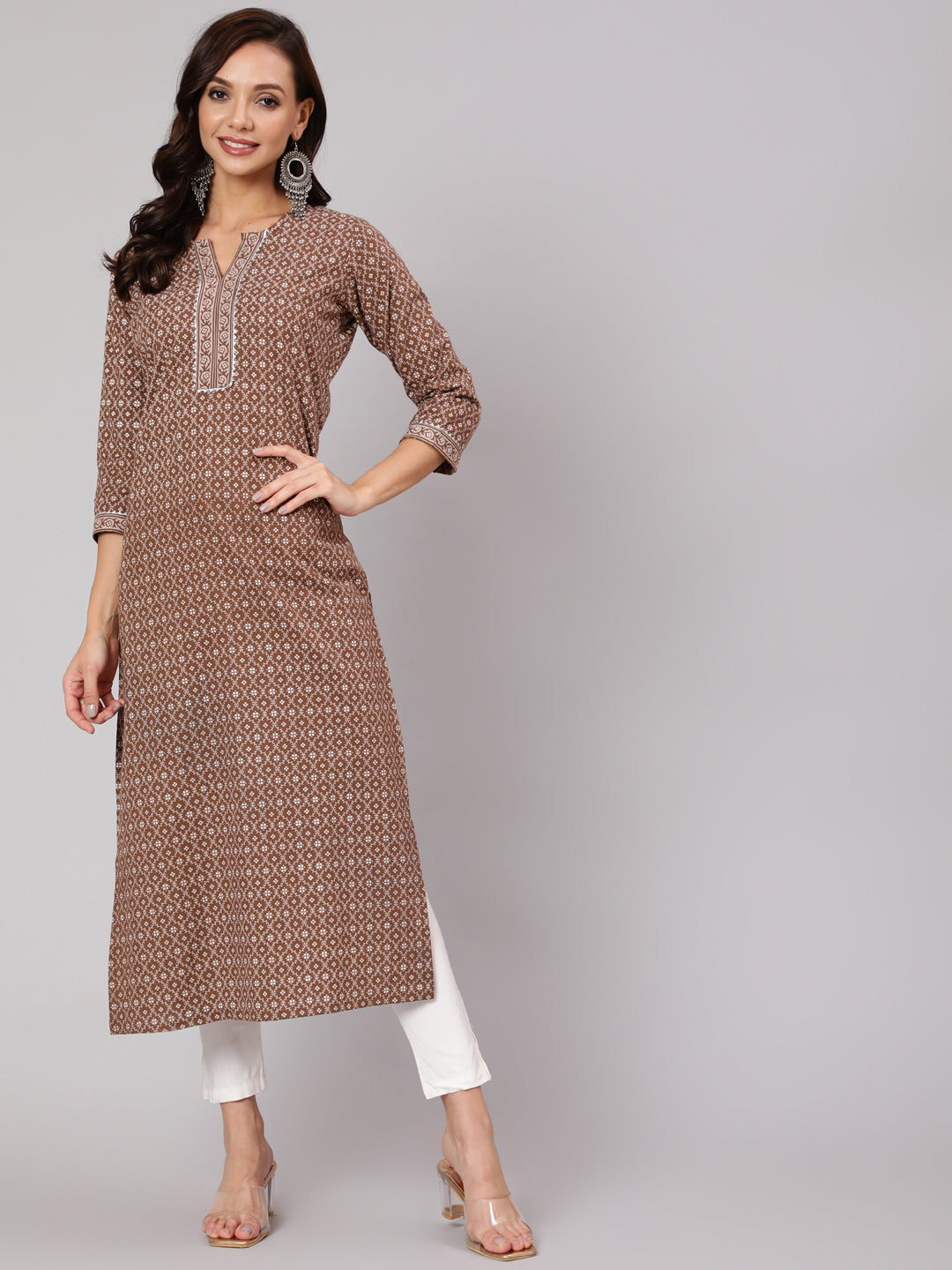 Brown Printed Straight kurta With Three Quarter Sleeves