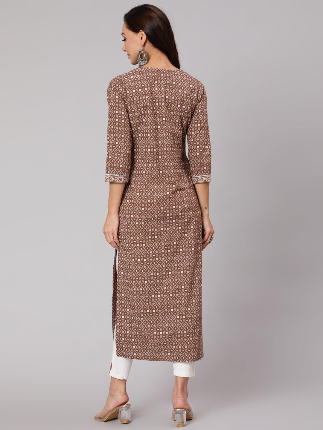 Brown Printed Straight kurta With Three Quarter Sleeves