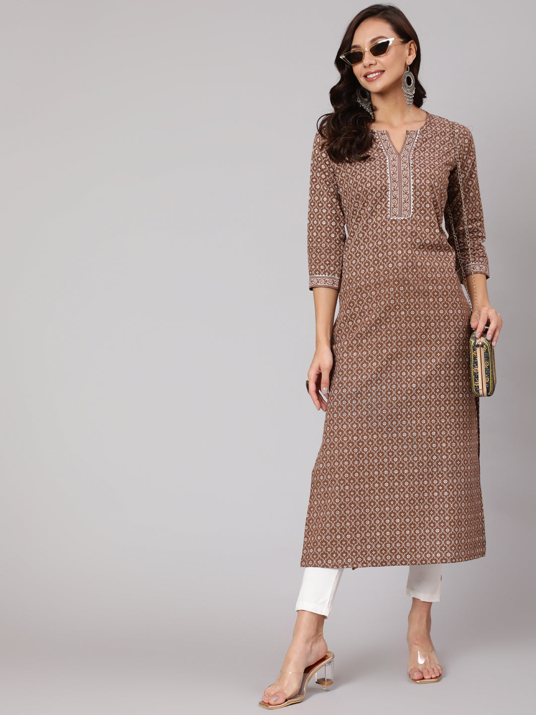 Brown Printed Straight kurta With Three Quarter Sleeves