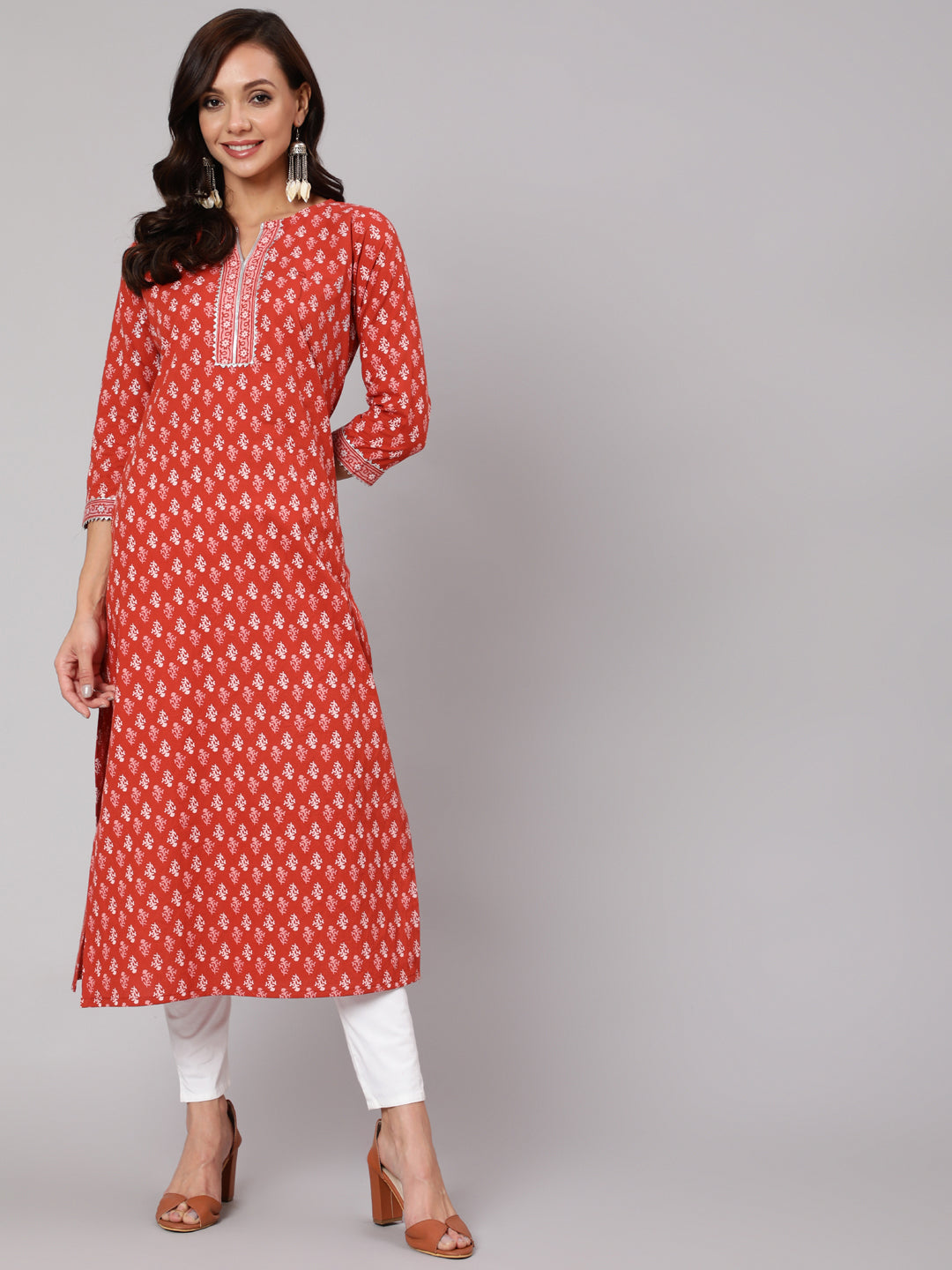 Rust Ethic Printed Straight Kurta With Three Quarter Sleeves