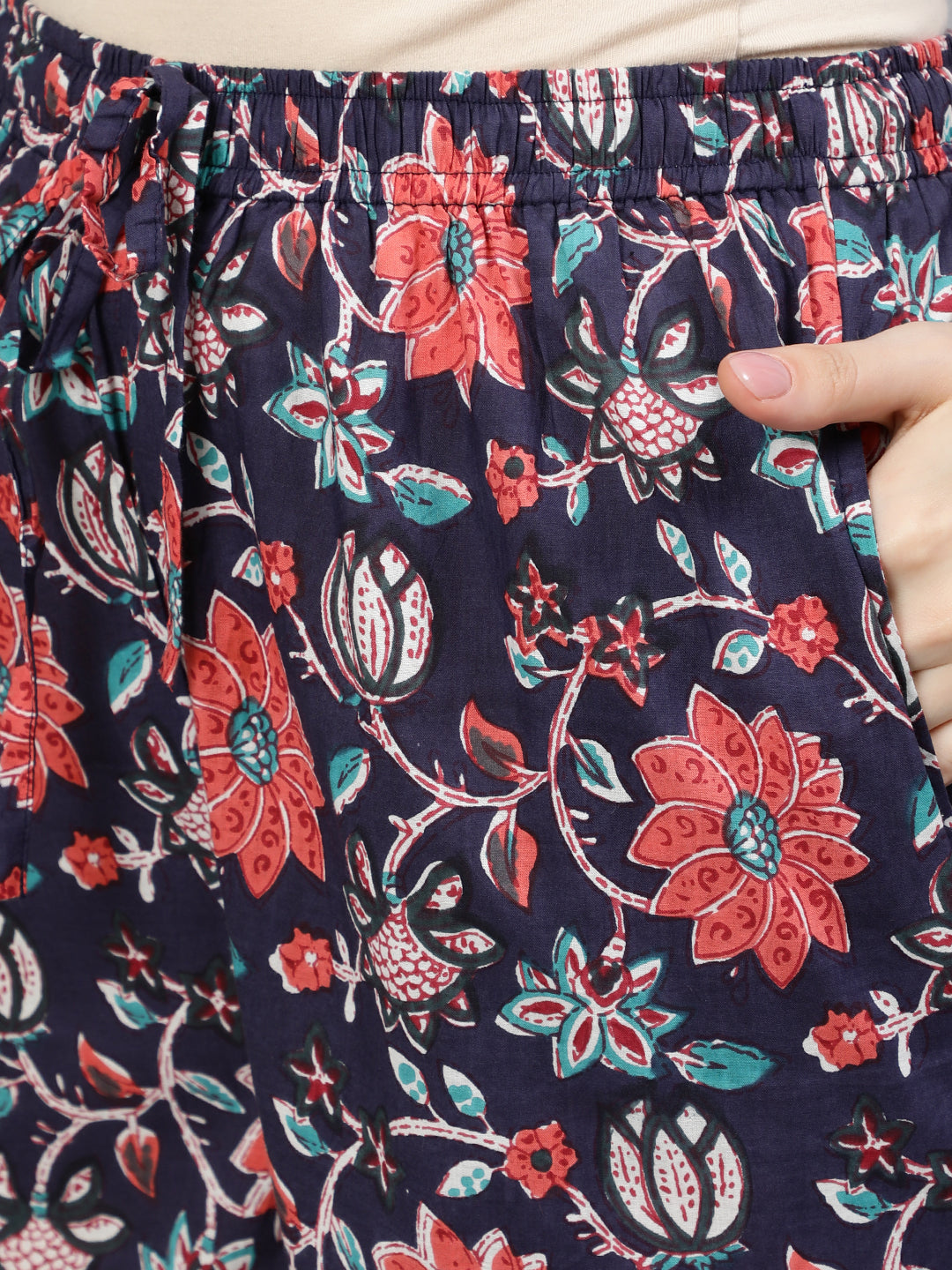 Blue Floral Printd Shorts With Pocket