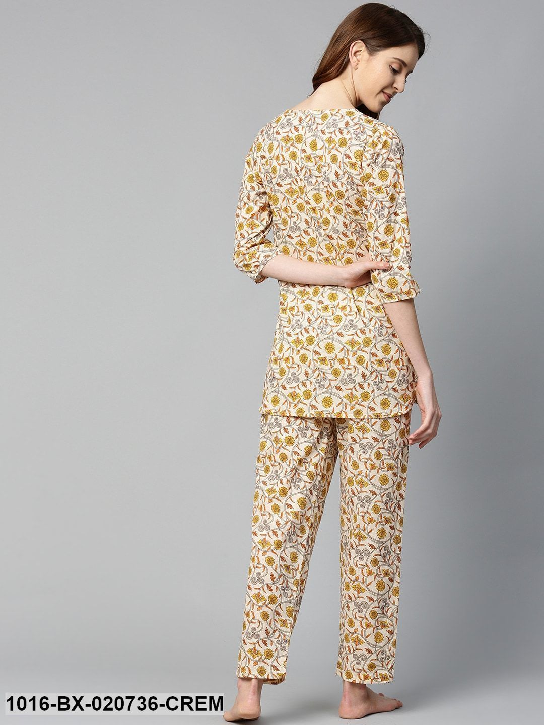 Cream-Coloured & Mustard Yellow Floral Printed Night suit