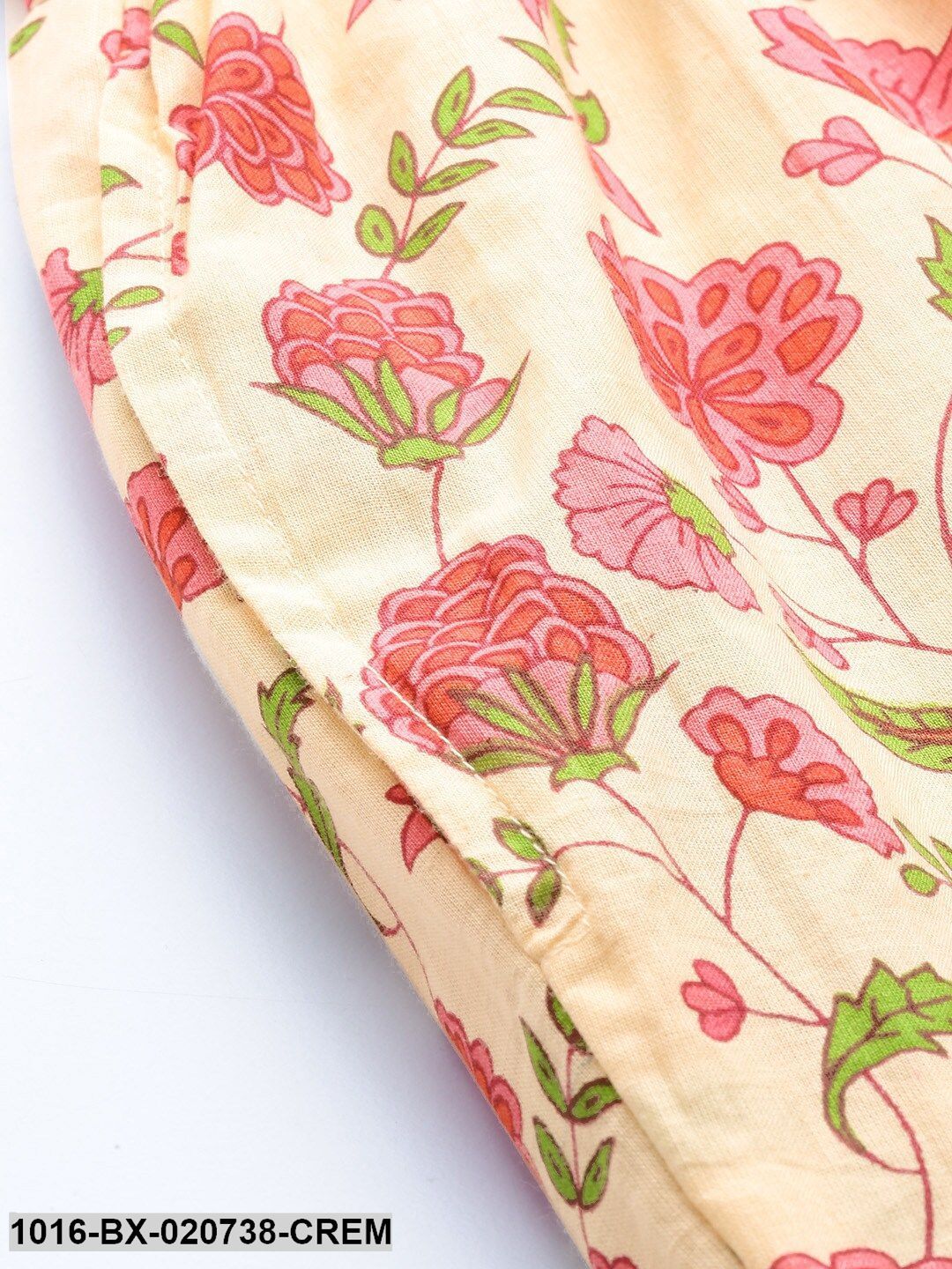 Cream-Coloured & Pink Floral Print Night Suit