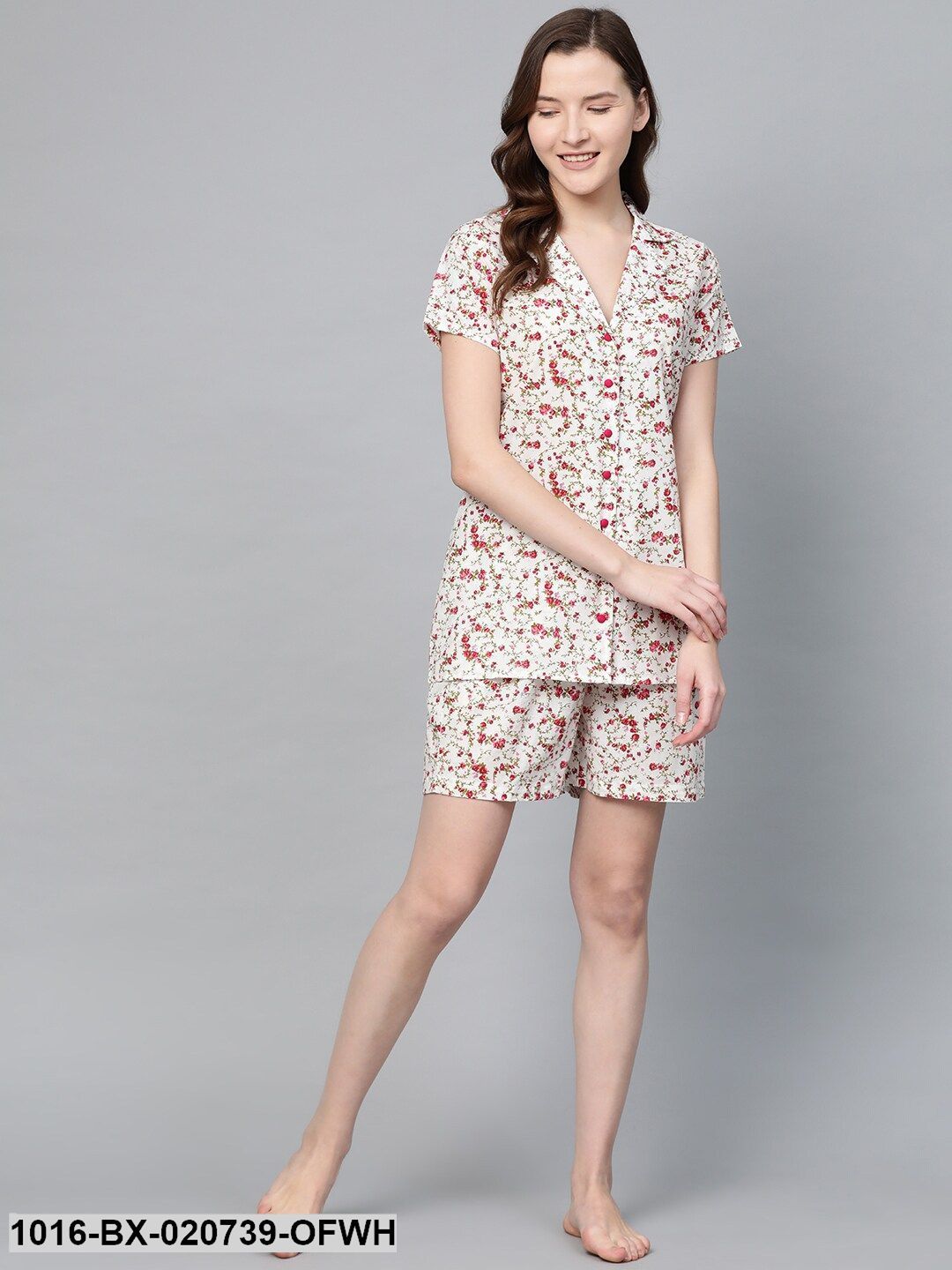 Off-White & Red Floral Print Night Suit