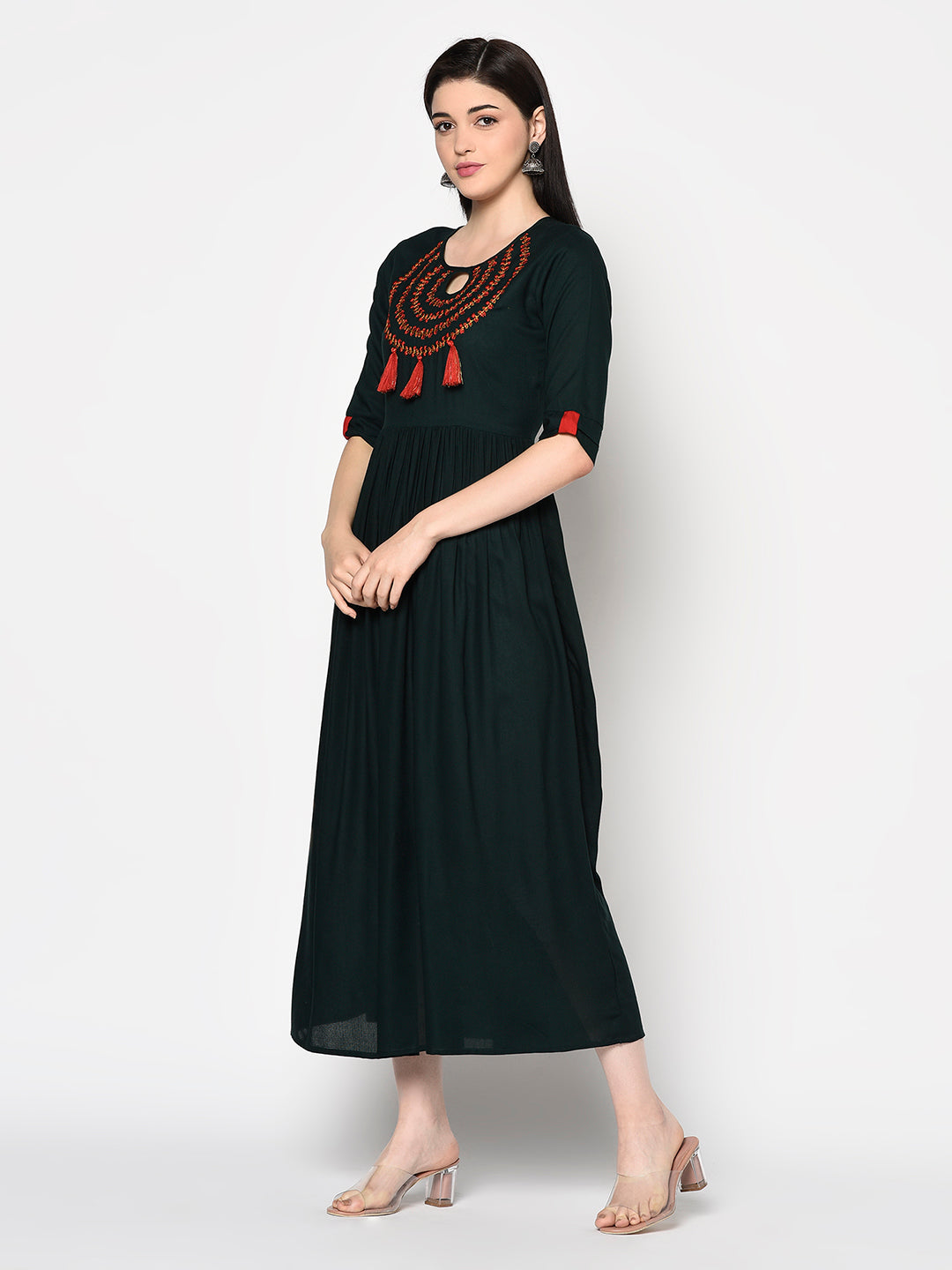 Embroidered Rayon Short Sleeves Flared Dress