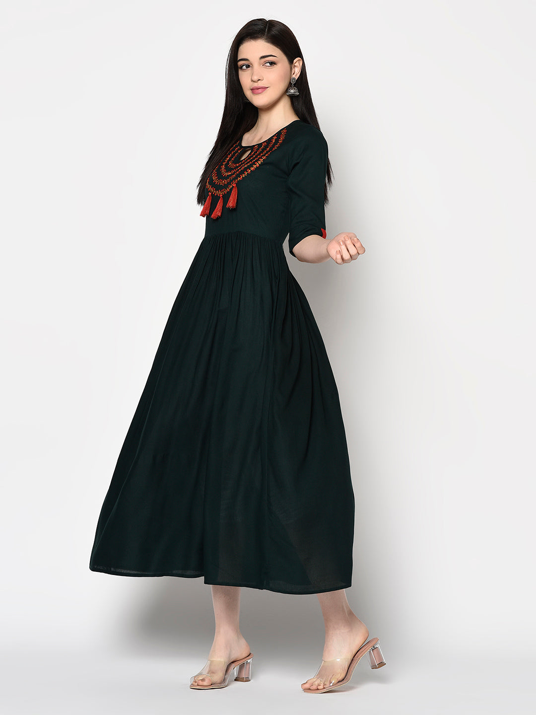 Embroidered Rayon Short Sleeves Flared Dress