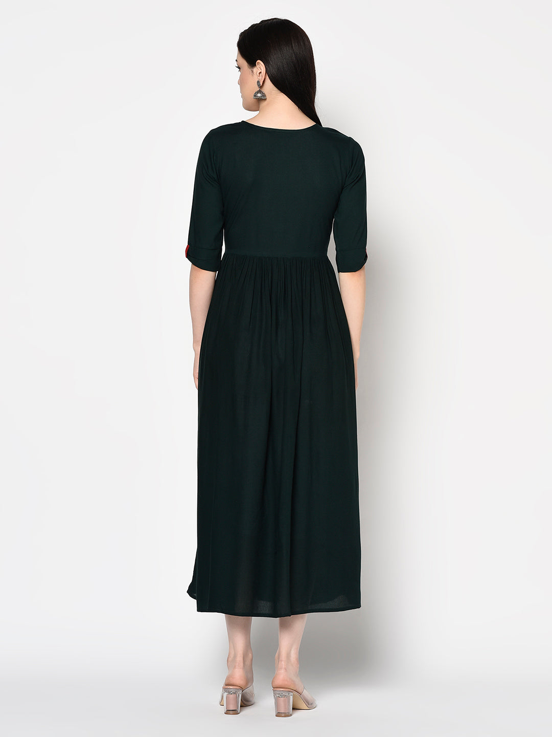 Embroidered Rayon Short Sleeves Flared Dress