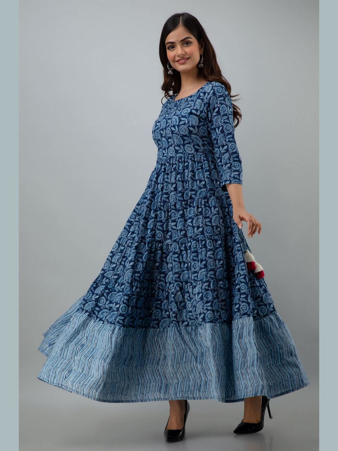 Printed Cotton Round Neck 3/4 Sleeve Flared Ankle Length Dress