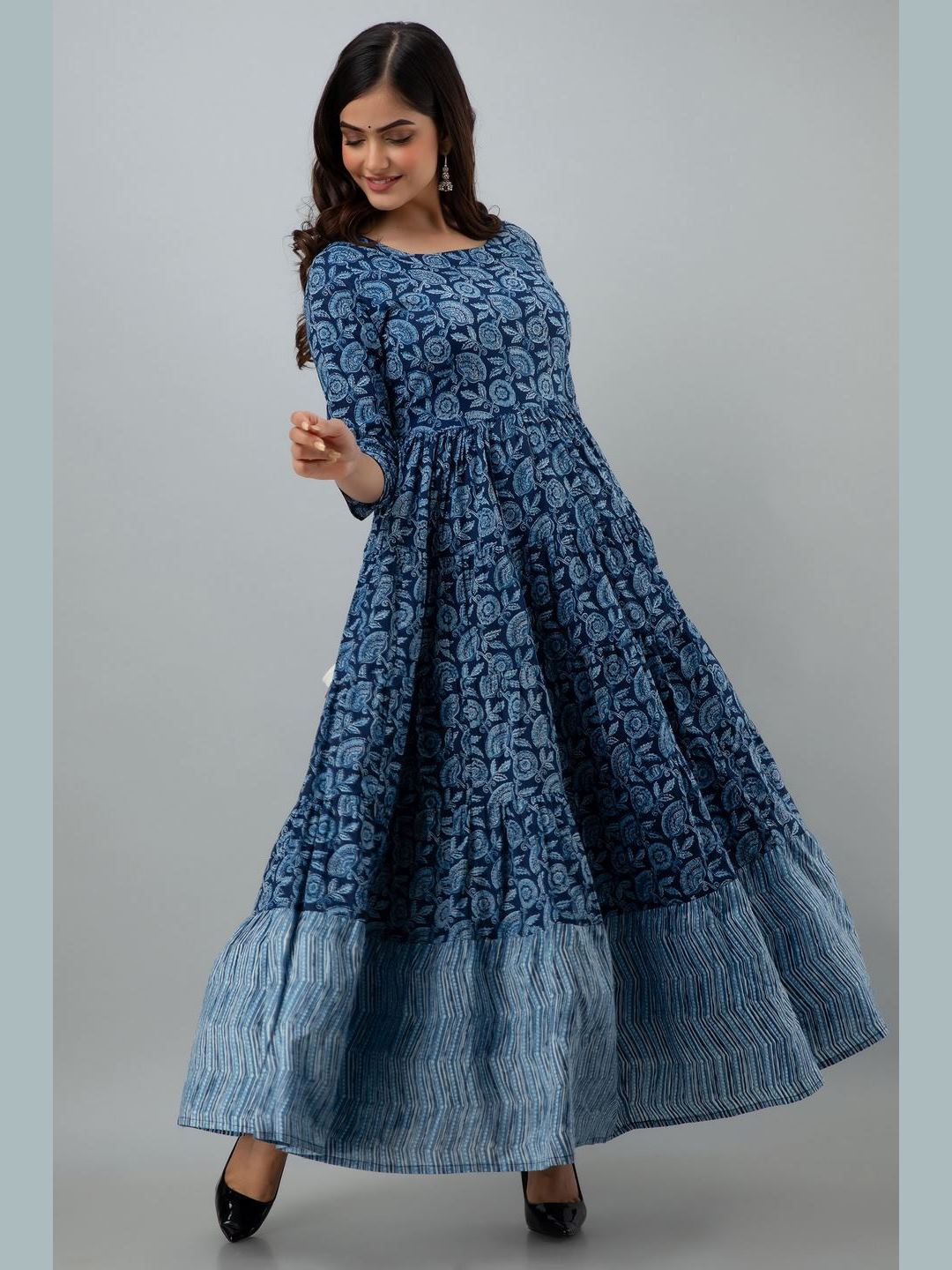 Printed Cotton Round Neck 3/4 Sleeve Flared Ankle Length Dress