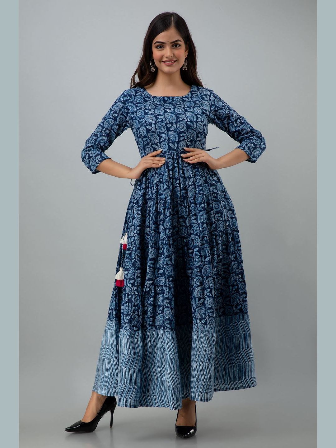 Printed Cotton Round Neck 3/4 Sleeve Flared Ankle Length Dress