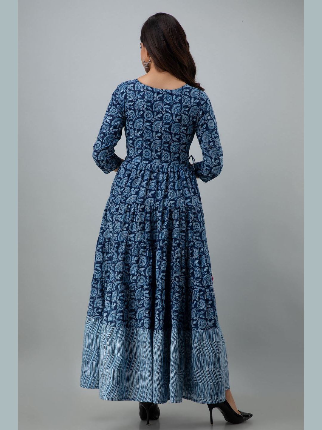 Printed Cotton Round Neck 3/4 Sleeve Flared Ankle Length Dress