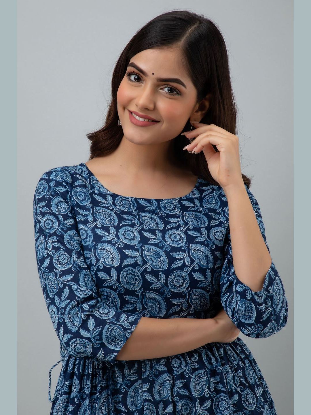Printed Cotton Round Neck 3/4 Sleeve Flared Ankle Length Dress
