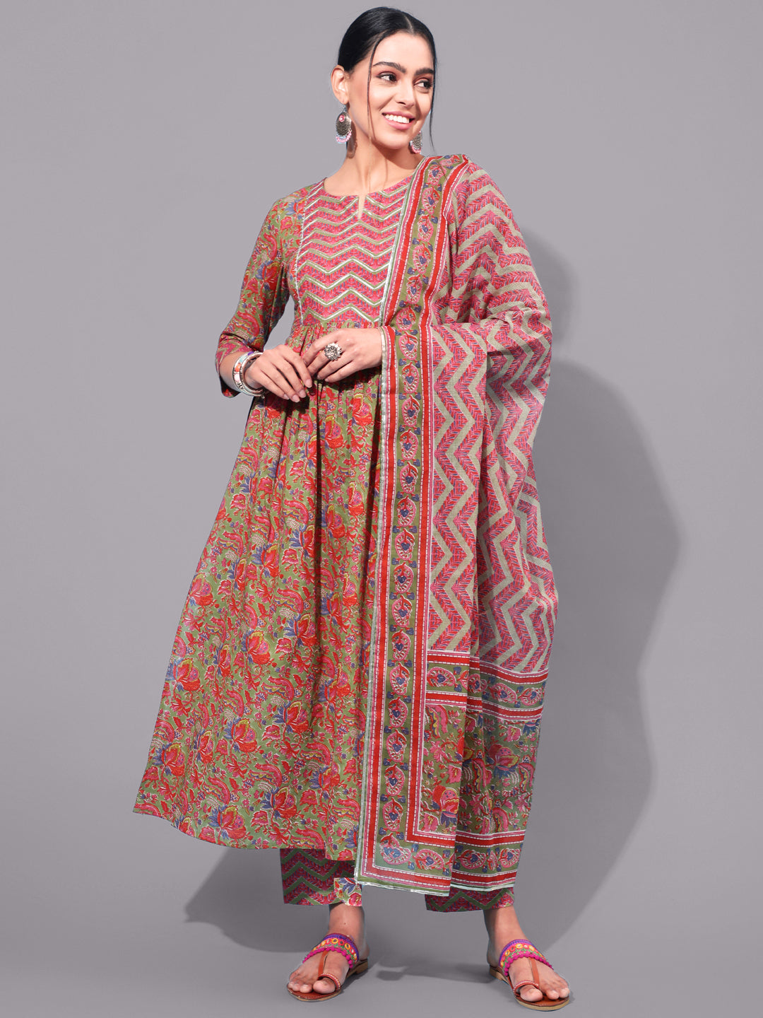 Cotton Calf Printed Semi-Flared 3/4 Sleeve Round Neck Kurta Bottom Dupatta Set