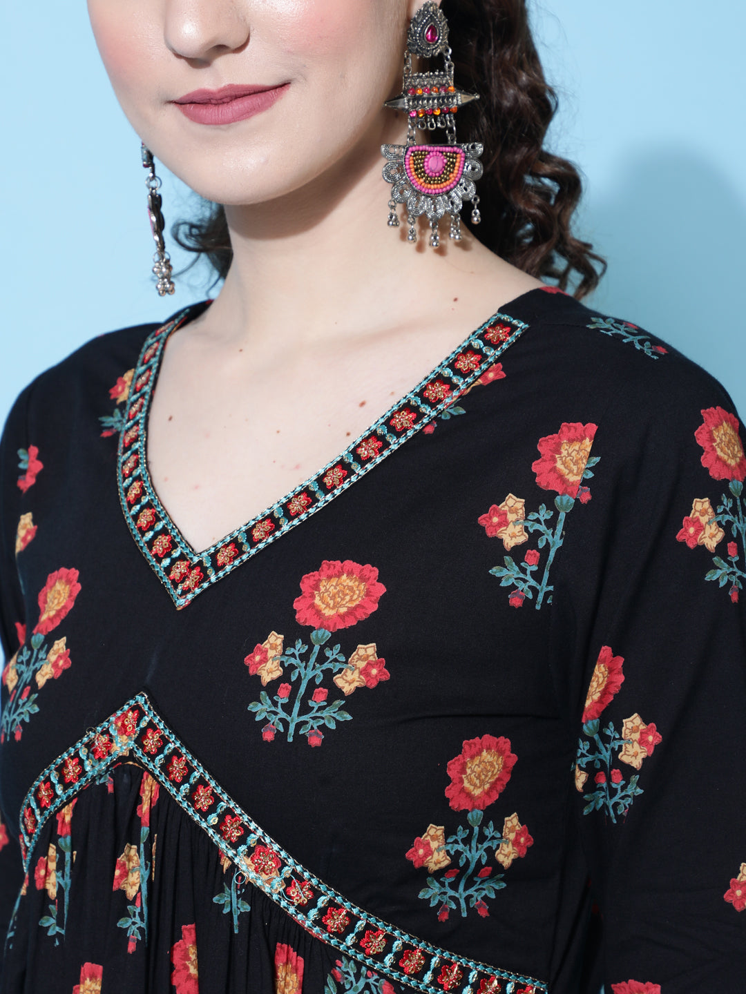 Cotton Printed Calf Length Semi-Flared 3/4 Sleeve V-neck Kurta Bottom Dupatta Set