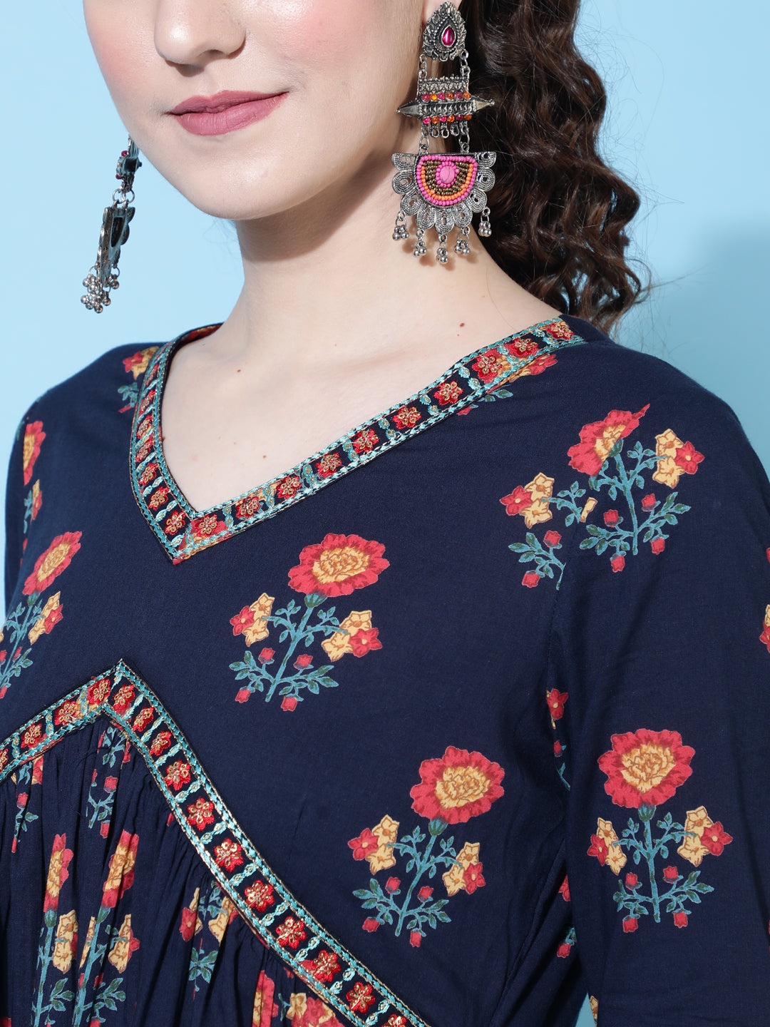 Cotton Printed Calf Length Semi-Flared 3/4 Sleeve V-neck Kurta Bottom Dupatta Set