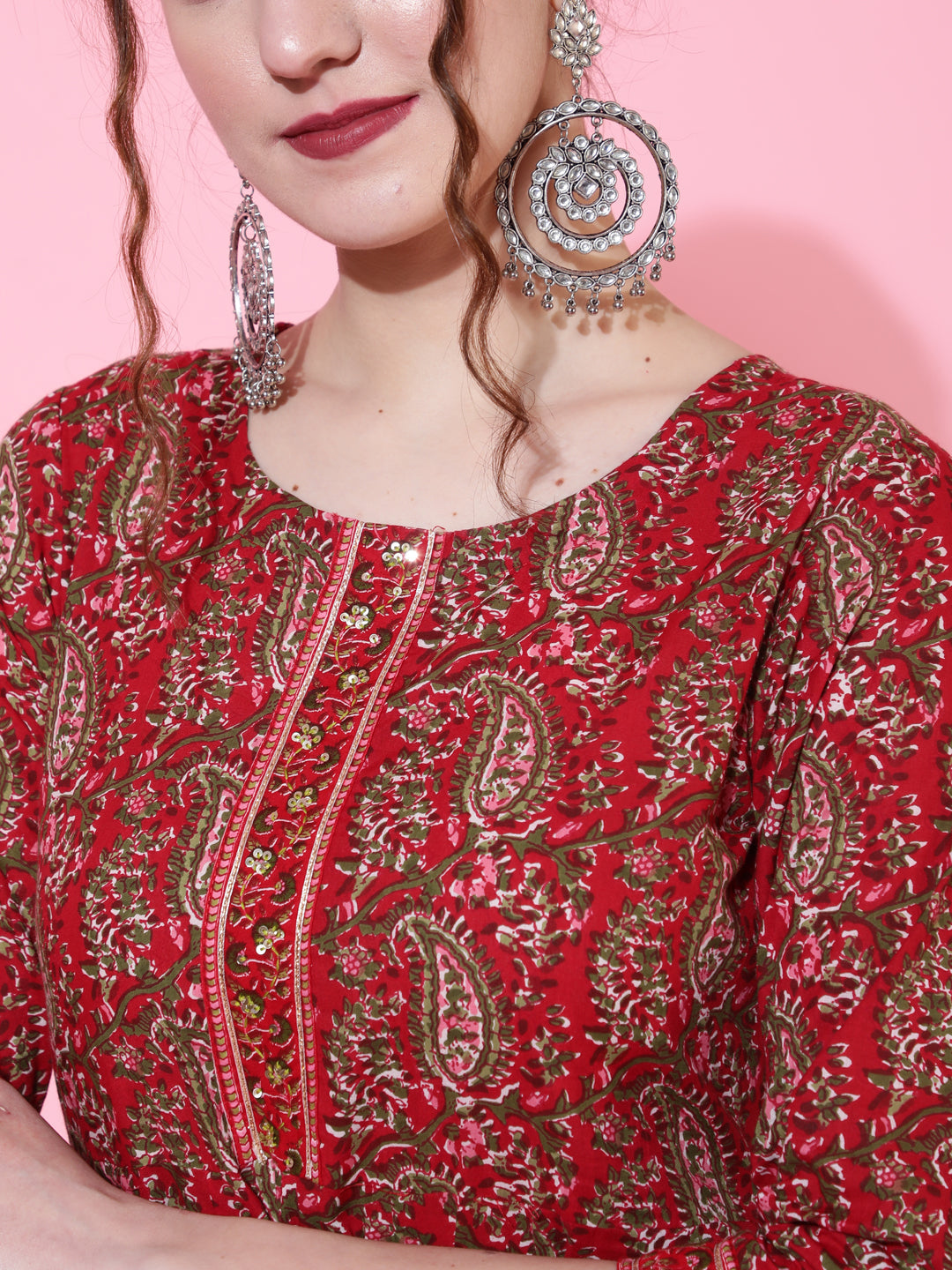 Cotton Printed Calf Length Flared 3/4 Sleeve Round Kurta Bottom Dupatta Set