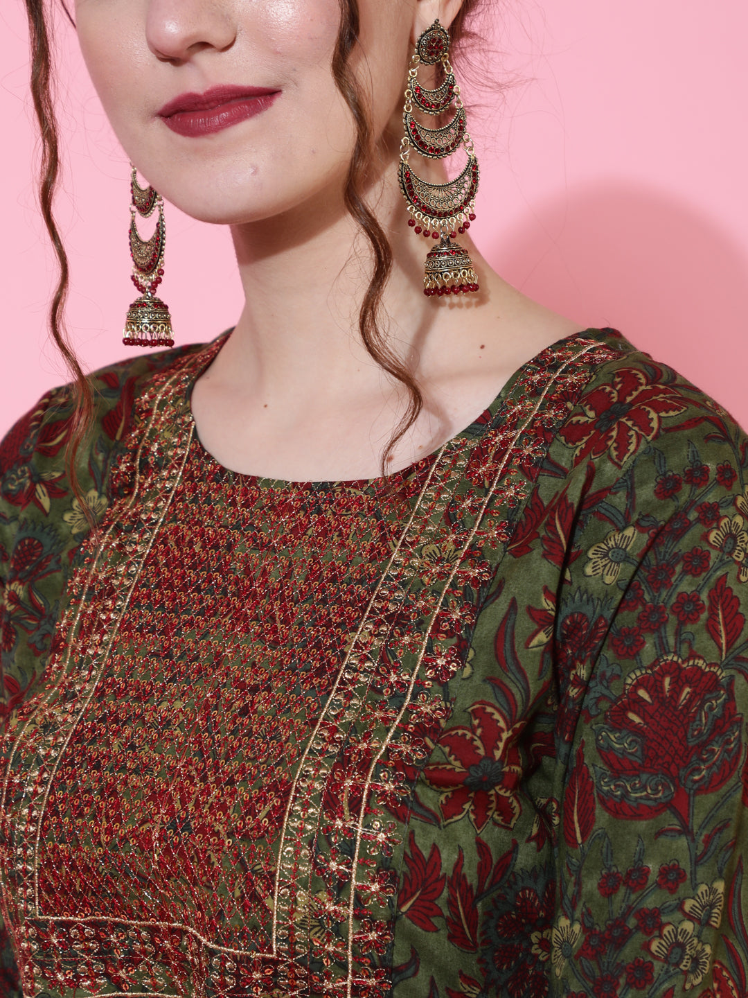 Cotton Printed Calf Length Flared 3/4 Sleeve Round Kurta Bottom Dupatta Set