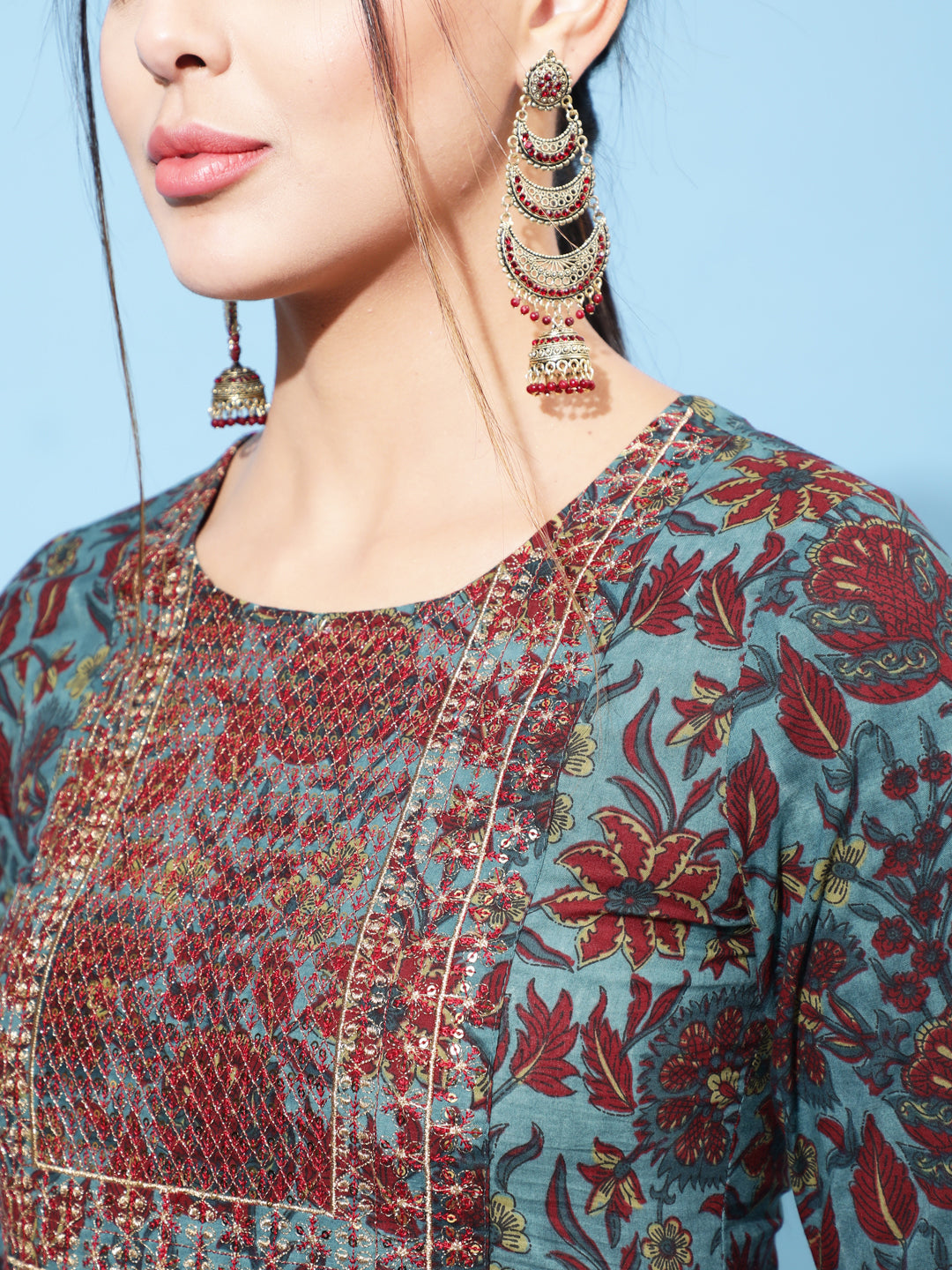 Cotton Printed Calf Length Flared 3/4 Sleeve Round Kurta Bottom Dupatta Set