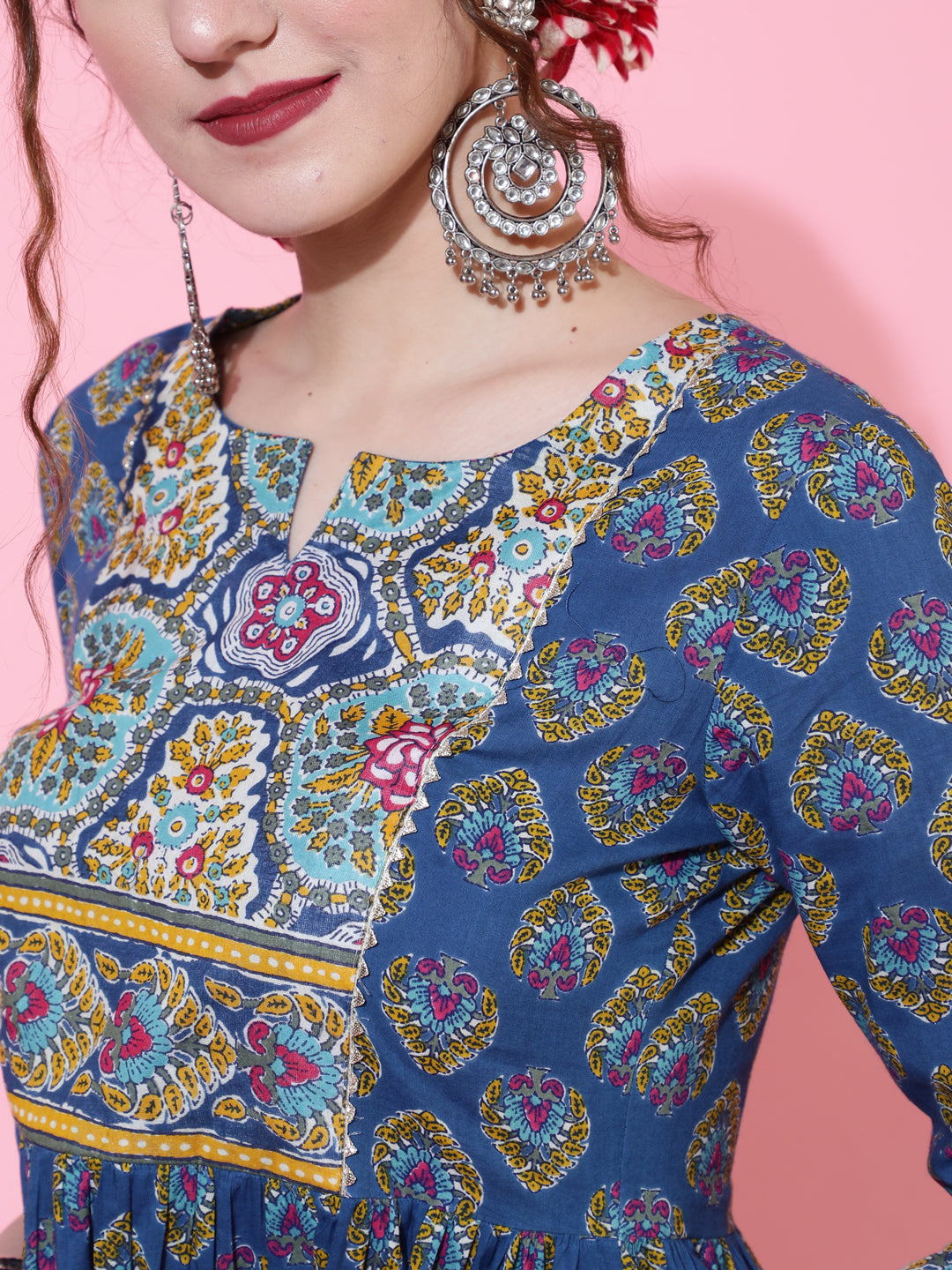 Cotton Printed Calf Length Semi-Flared 3/4 Sleeve Round Kurta Bottom Dupatta Set