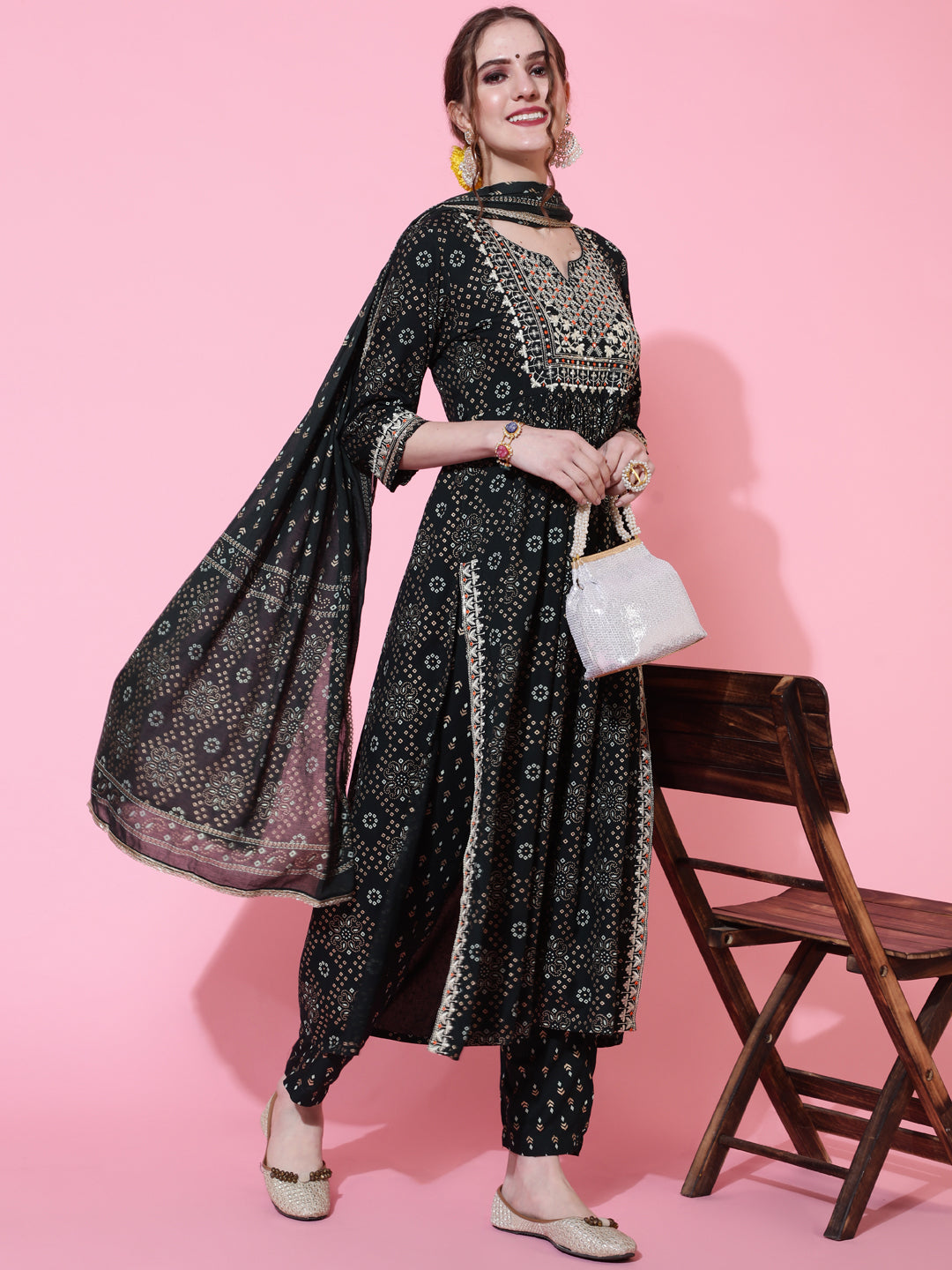 Rayon Printed Calf Length Semi-Flared 3/4 Sleeve Round Kurta Bottom Dupatta Set