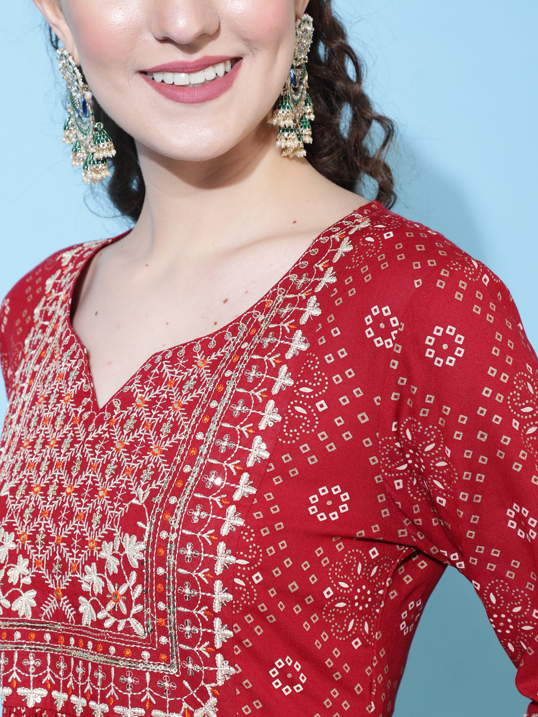 Rayon Printed Calf Length Semi-Flared 3/4 Sleeve Round Kurta Bottom Dupatta Set