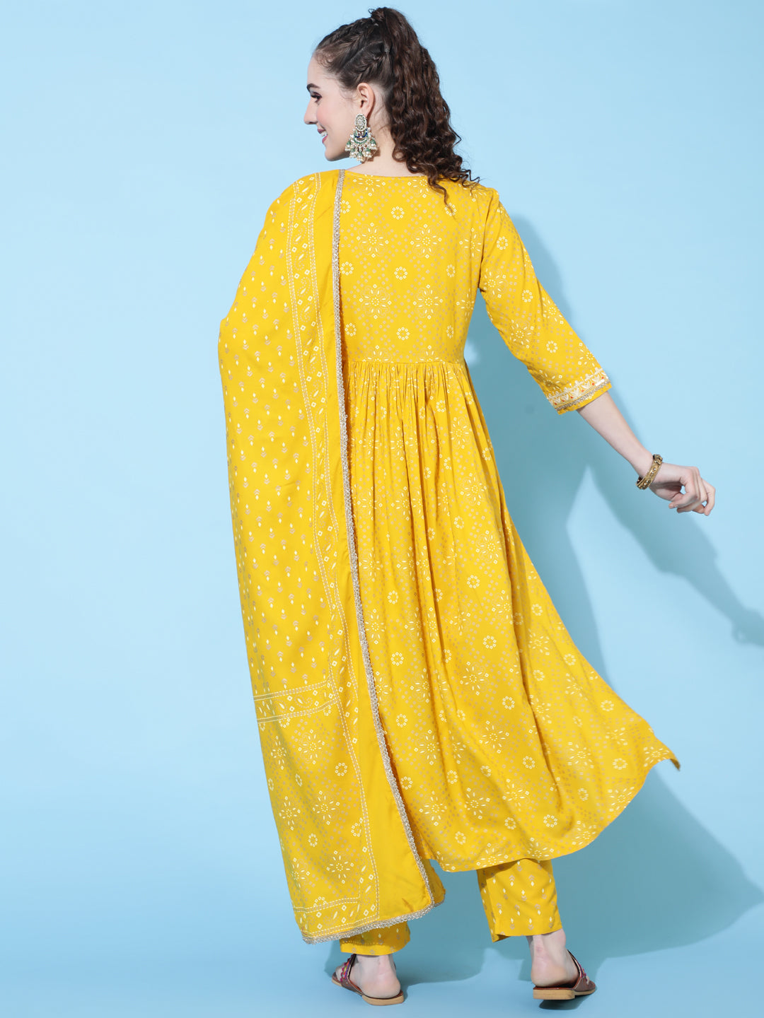 Rayon Printed Calf Length Semi-Flared 3/4 Sleeve Round Kurta Bottom Dupatta Set