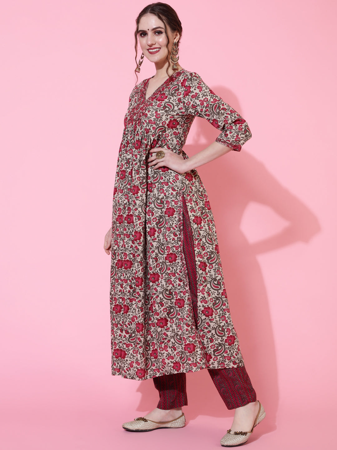 Rayon Printed Calf Length Semi-Flared 3/4 Sleeve V-neck Kurta Bottom Set