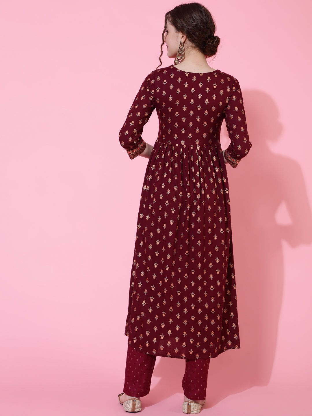 Rayon Printed Calf Length Semi-Flared 3/4 Sleeve Round Kurta Bottom Set