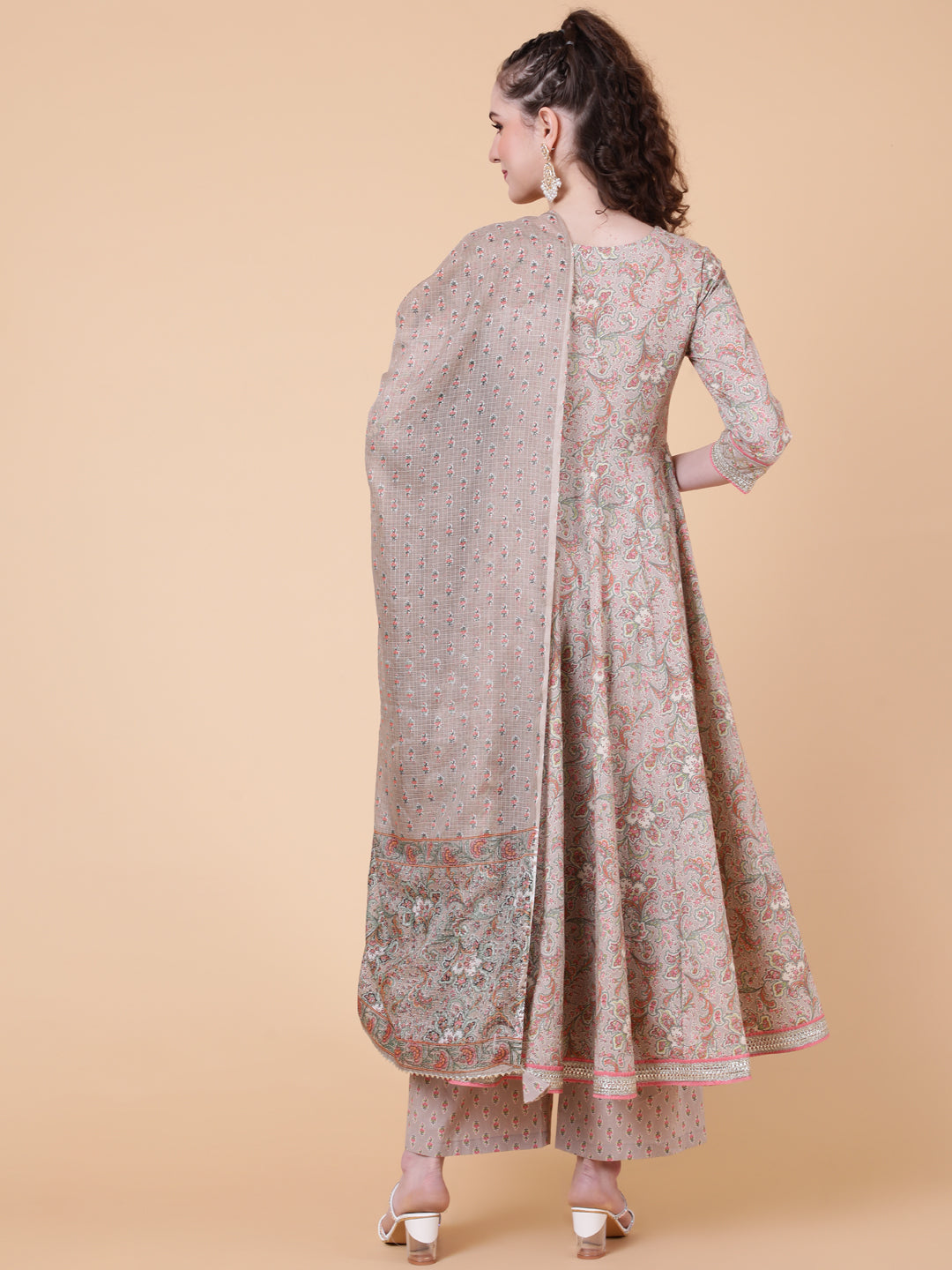 Cotton Calf Length Printed Flared 3/4 Sleeves Round Neck Kurta Bottom Dupatta Set