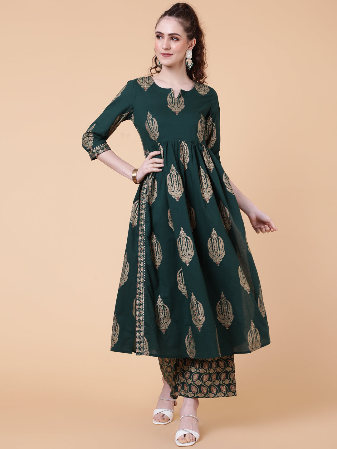 Rayon Calf Length Printed Semi-Flared 3/4 Sleeves Round Neck Kurta Bottom Dupatta Set