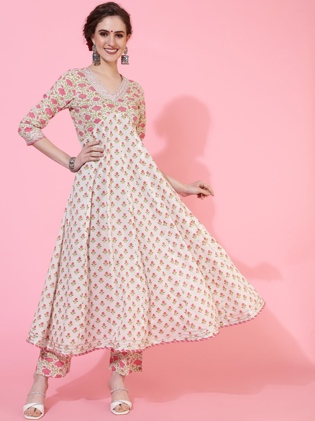 Rayon Calf Length Printed Flared 3/4 Sleeves Round Neck Kurta Bottom Dupatta Set