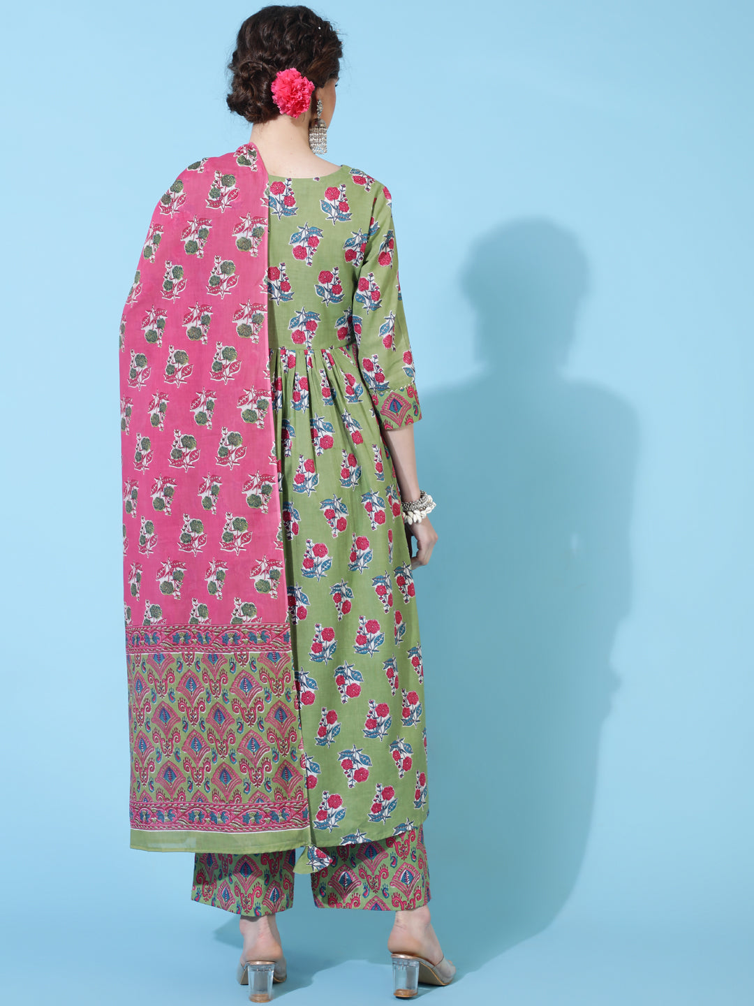 Cotton Calf Printed Semi-Flared 3/4 sleeves Round Neck Kurta Bottom Dupatta Set