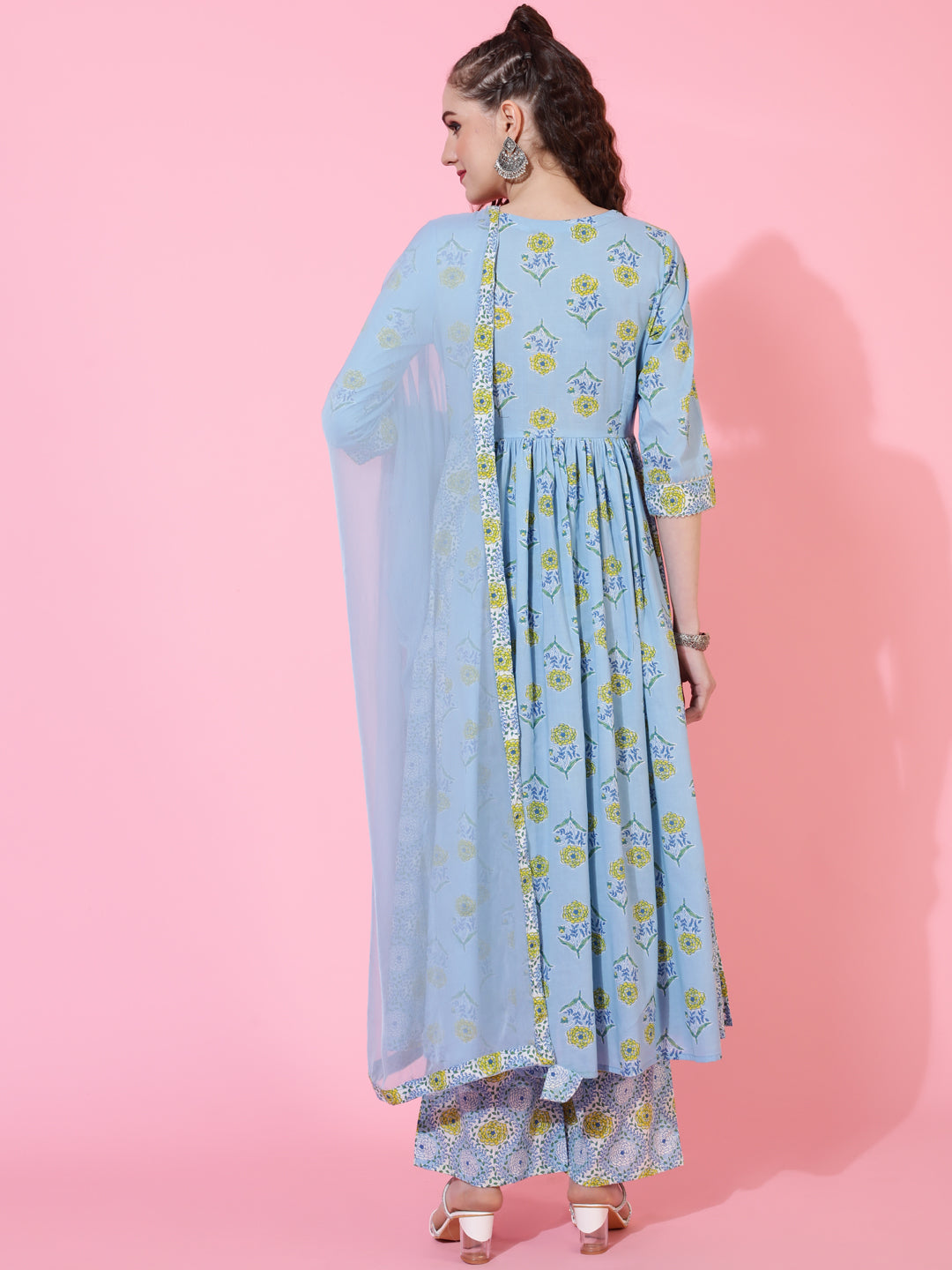 Cotton Calf Printed Semi-Flared 3/4 sleeves V-Neck Kurta Bottom Dupatta Set