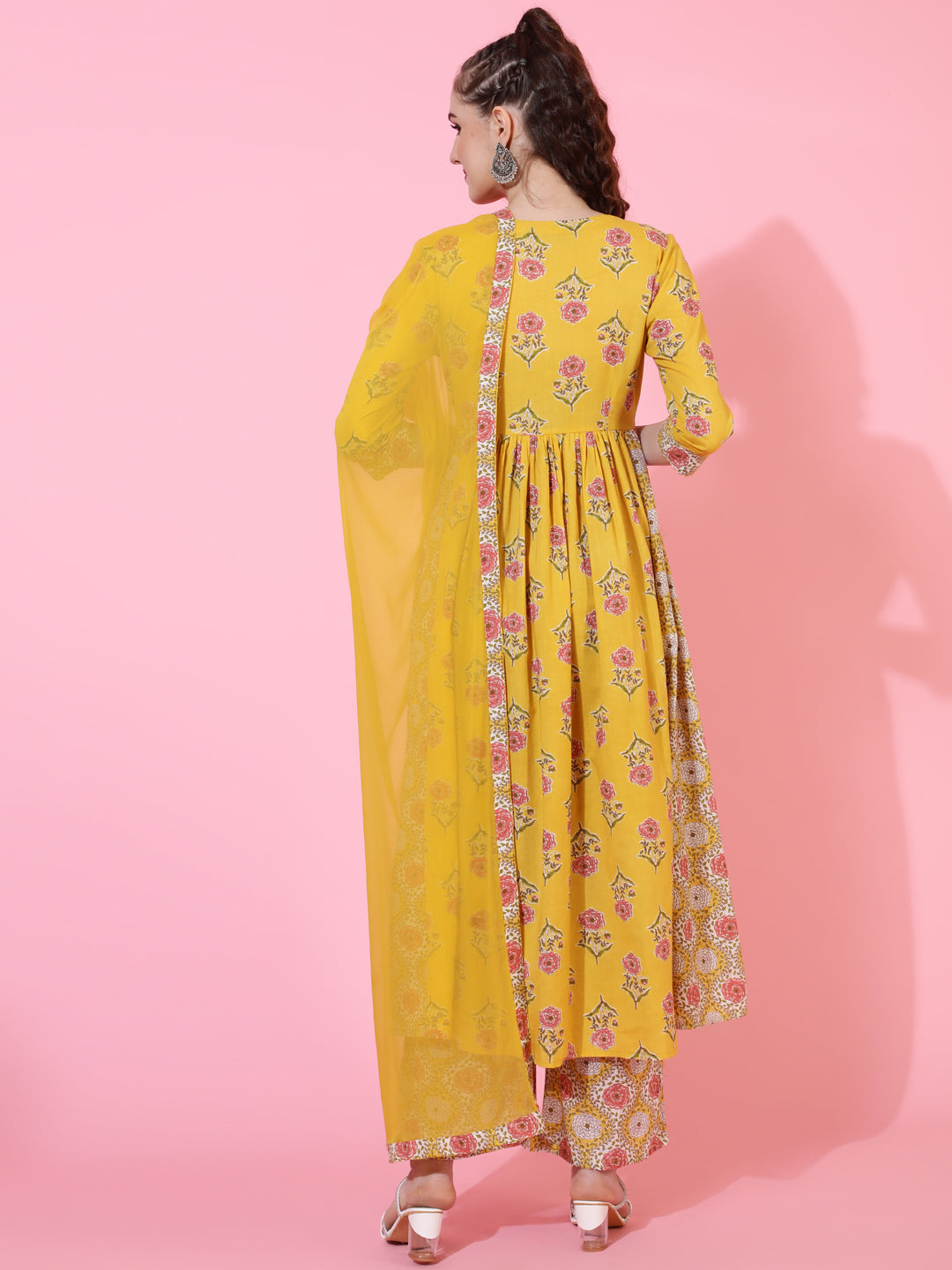 Cotton Calf Printed Semi-Flared 3/4 sleeves V-Neck Kurta Bottom Dupatta Set