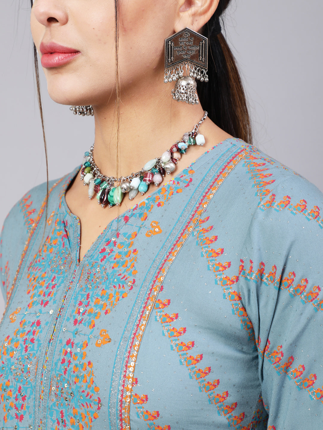 Rayon Ankle Length Printed Flared 3/4 Sleeve Round Neck Kurta