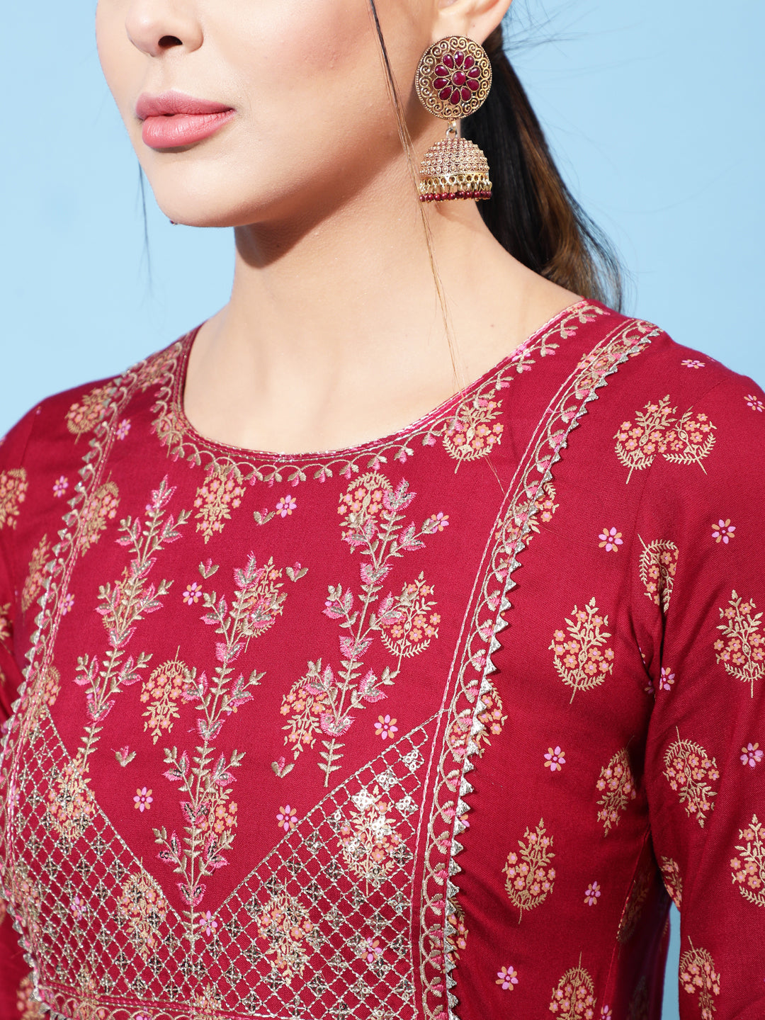 Ankle Length Printed Flared 3/4 Sleeve Round Neck Kurta